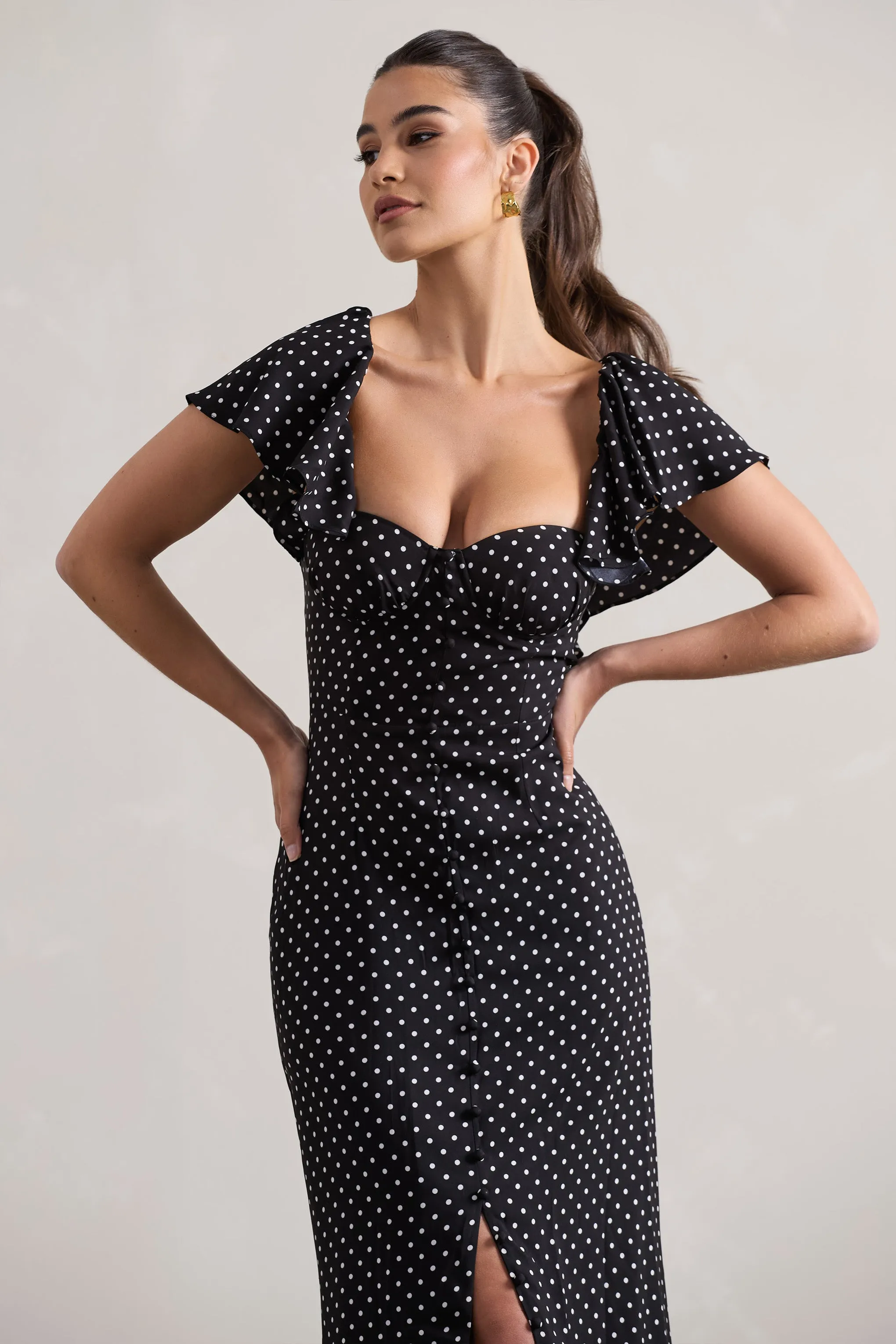 Signorina | Black Polka Dot Buttoned Maxi Dress With Flounced Short Sleeves Club L London