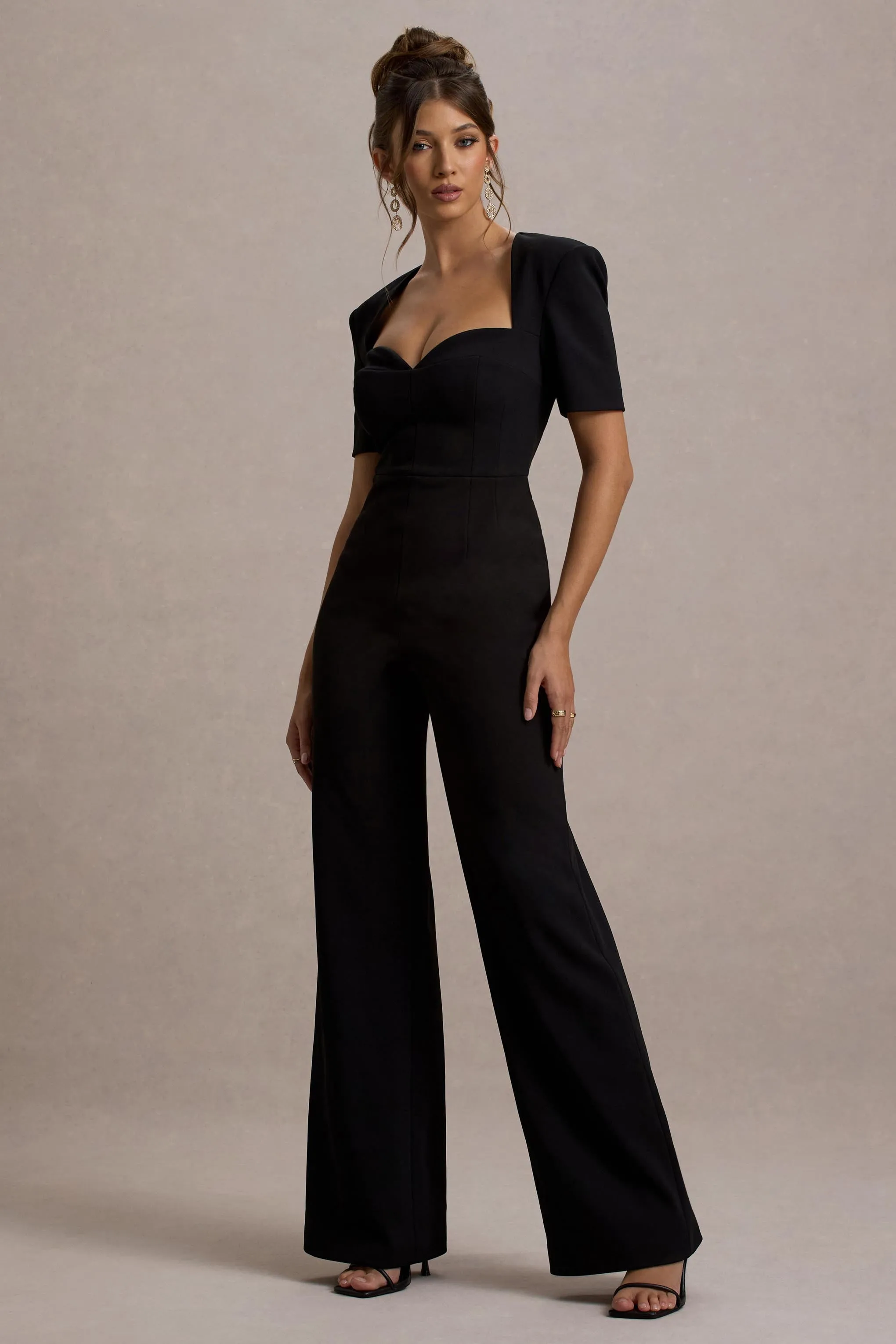 Simone | Black Sweetheart Short-Sleeve Wide-Leg Jumpsuit Club L London