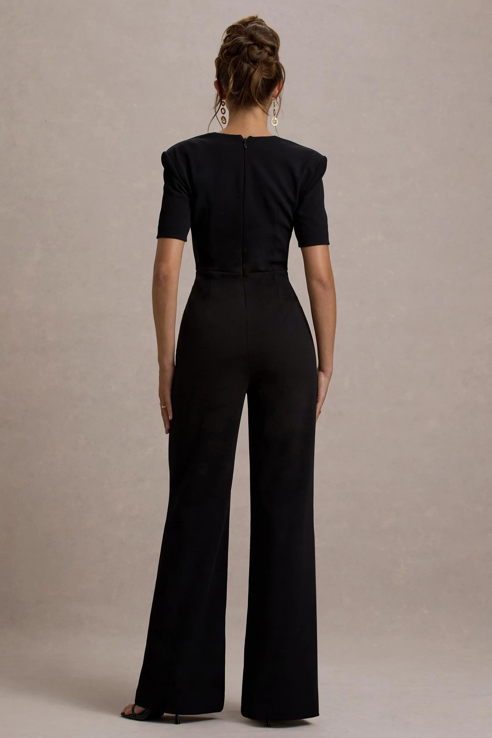 Simone | Black Sweetheart Short-Sleeve Wide-Leg Jumpsuit Club L London