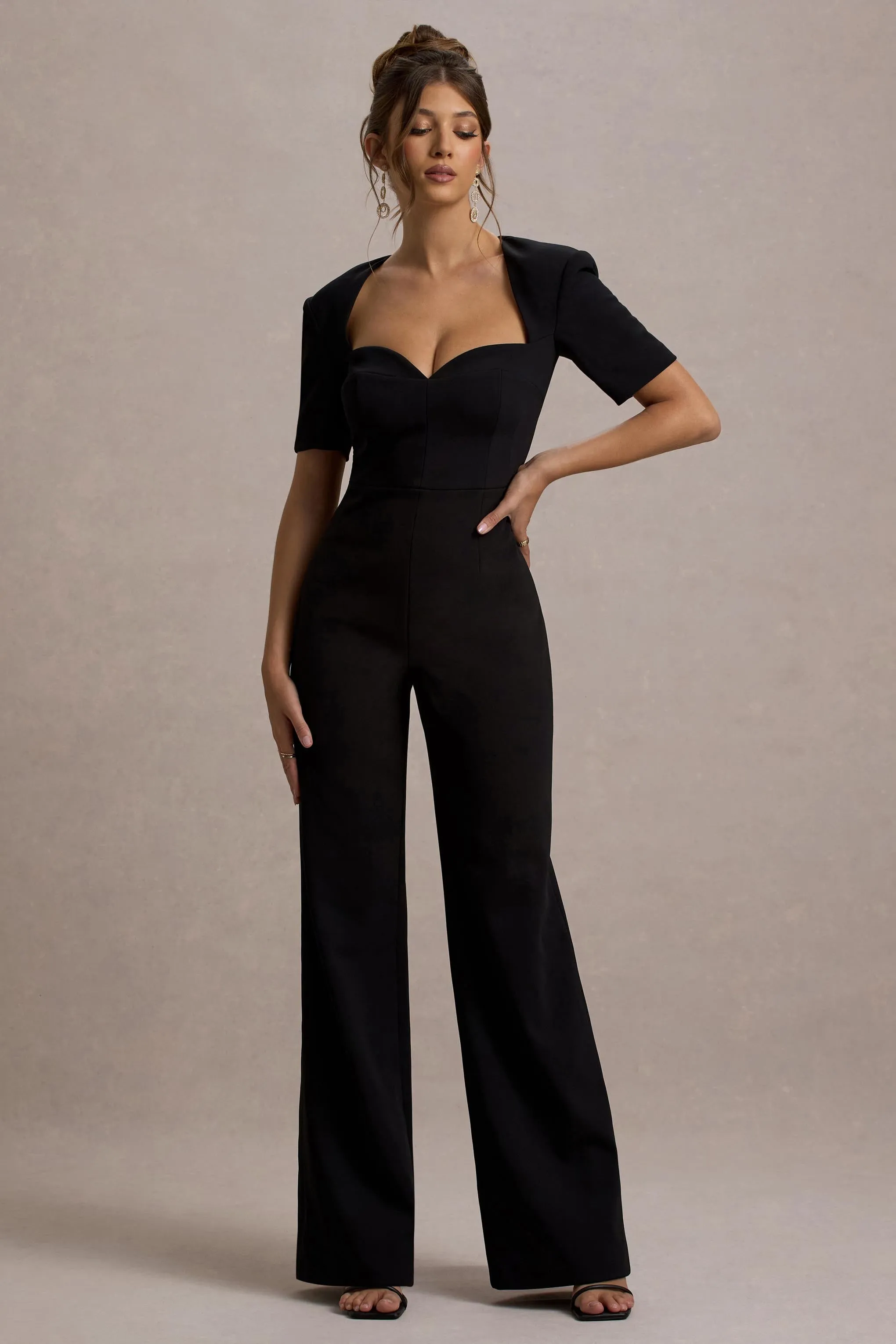 Simone | Black Sweetheart Short-Sleeve Wide-Leg Jumpsuit Club L London