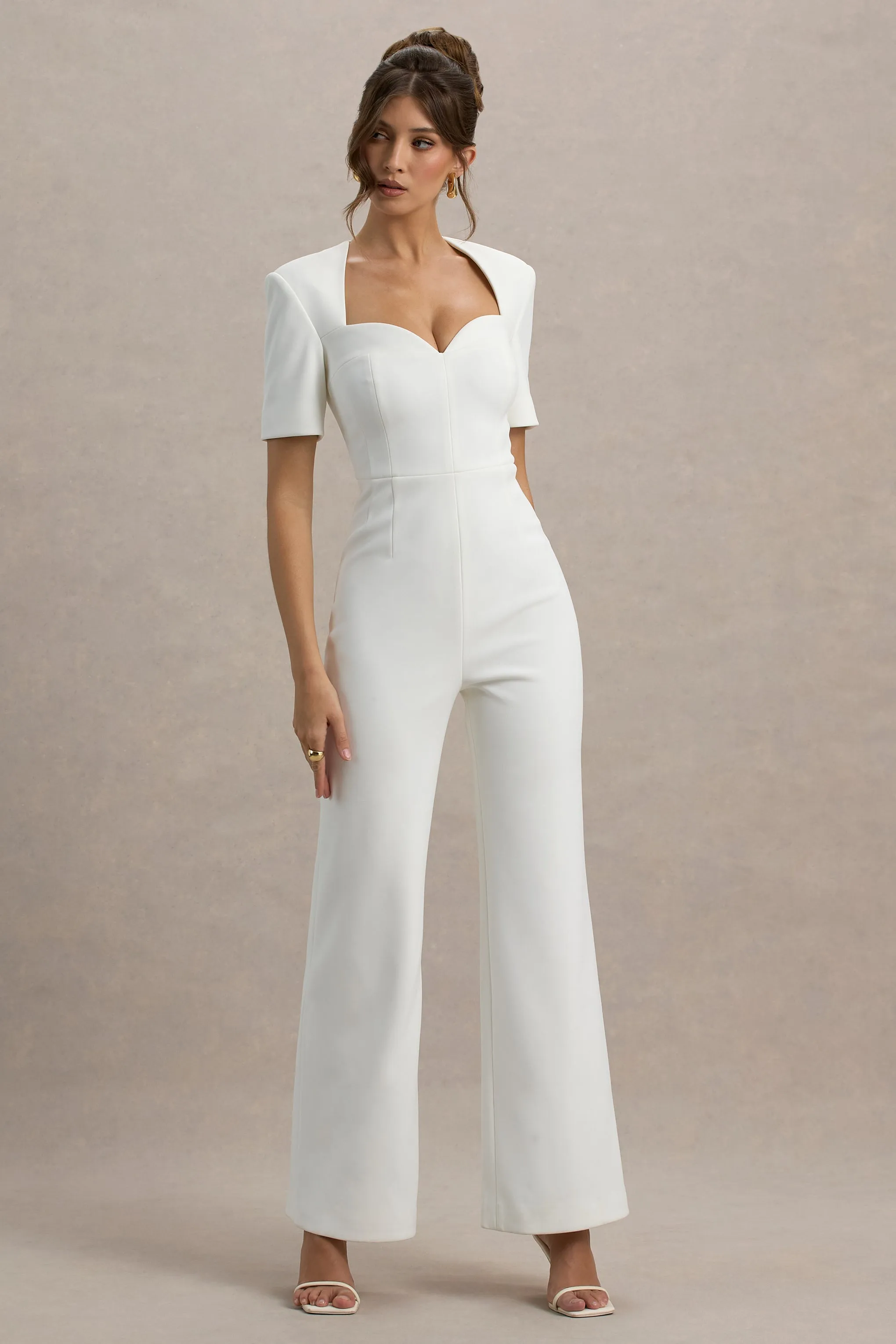 Simone | White Sweetheart Short-Sleeve Wide-Leg Jumpsuit Club L London