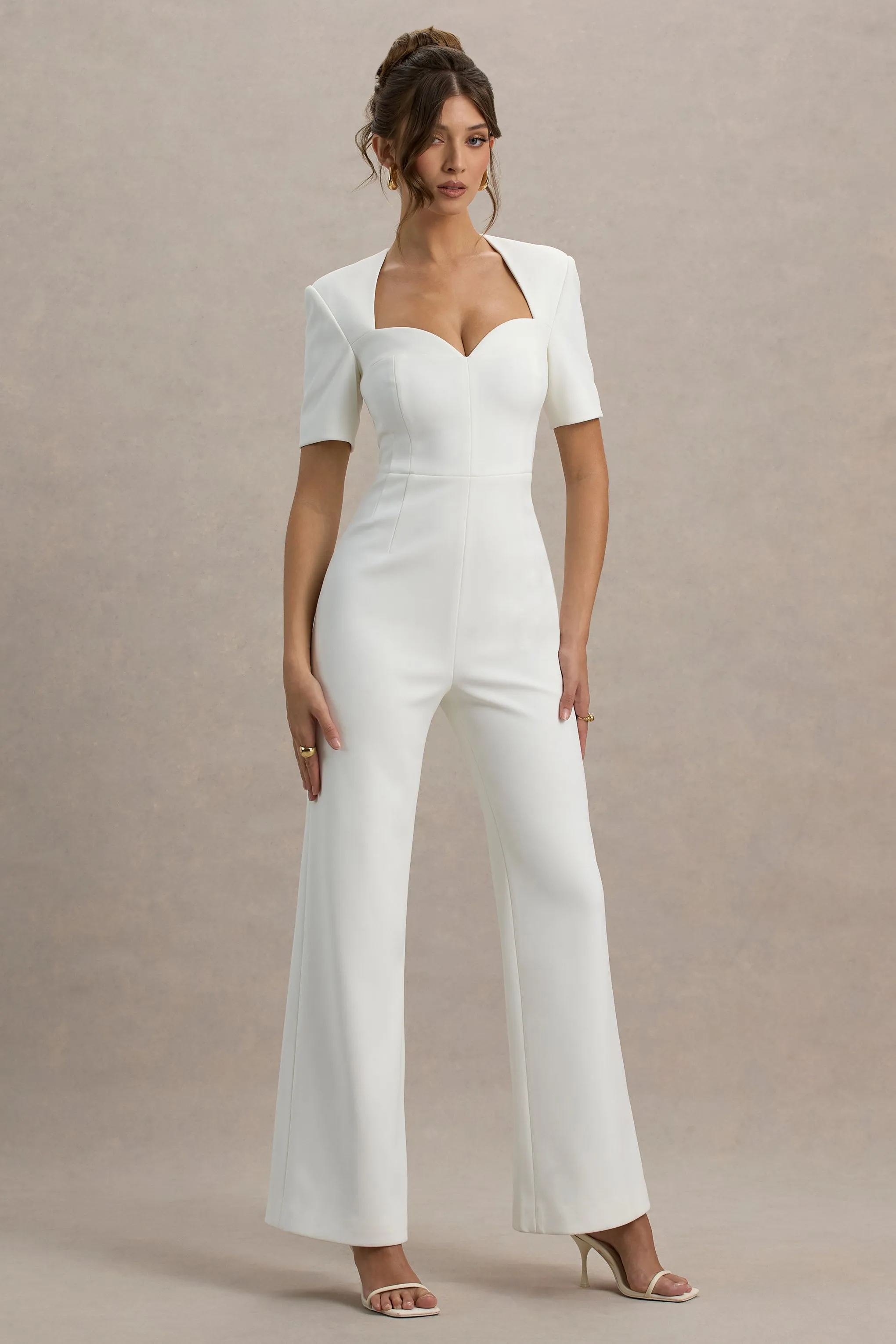 Simone | White Sweetheart Short-Sleeve Wide-Leg Jumpsuit Club L London