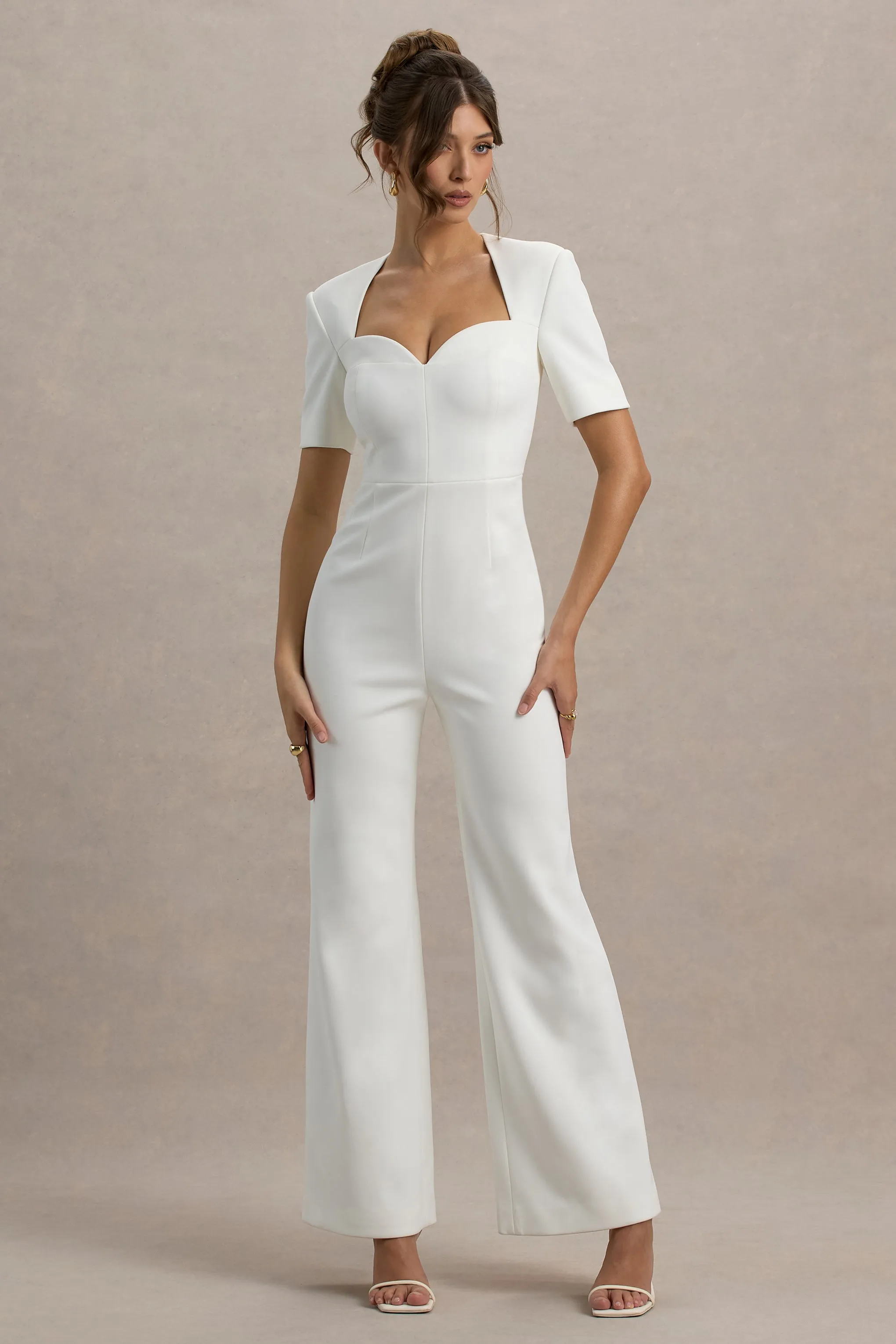 Simone | White Sweetheart Short-Sleeve Wide-Leg Jumpsuit Club L London