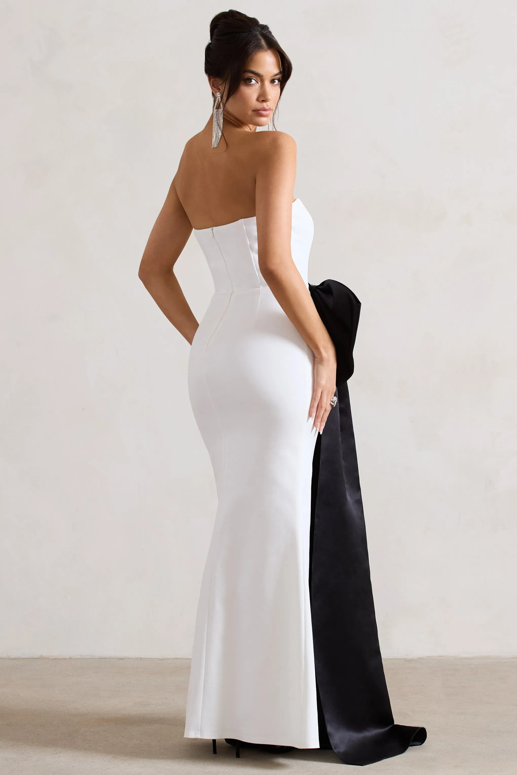 Sincerely | White Bandeau Split Maxi Dress With Oversized Black Bow Club L London