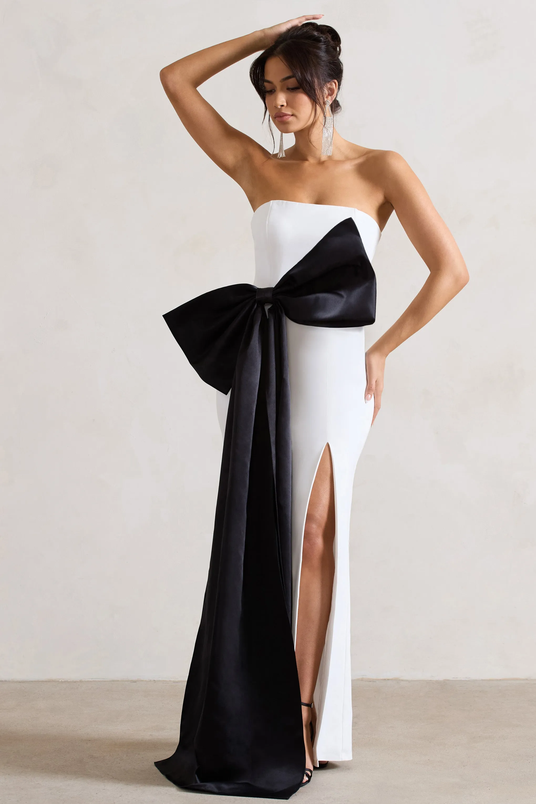 Sincerely | White Bandeau Split Maxi Dress With Oversized Black Bow Club L London