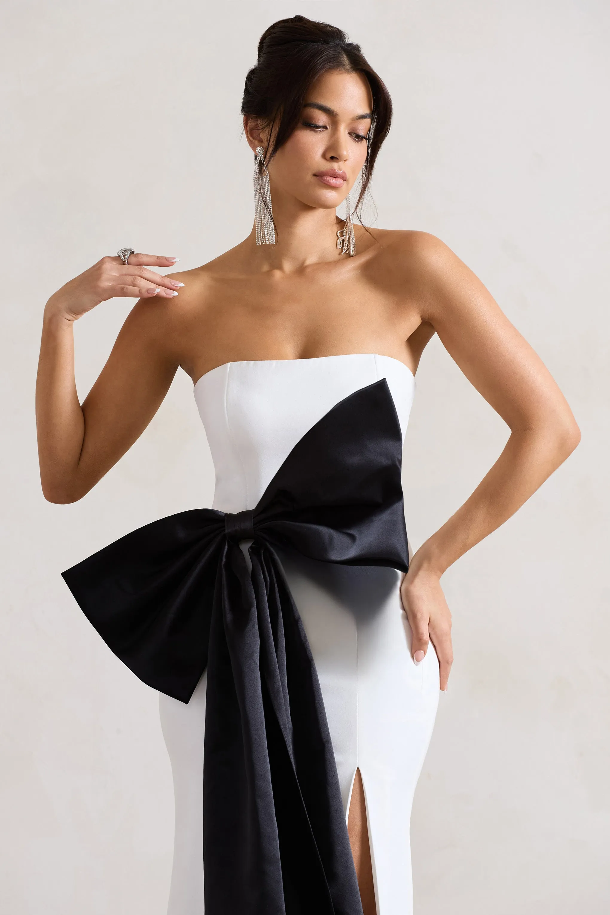 Sincerely | White Bandeau Split Maxi Dress With Oversized Black Bow Club L London