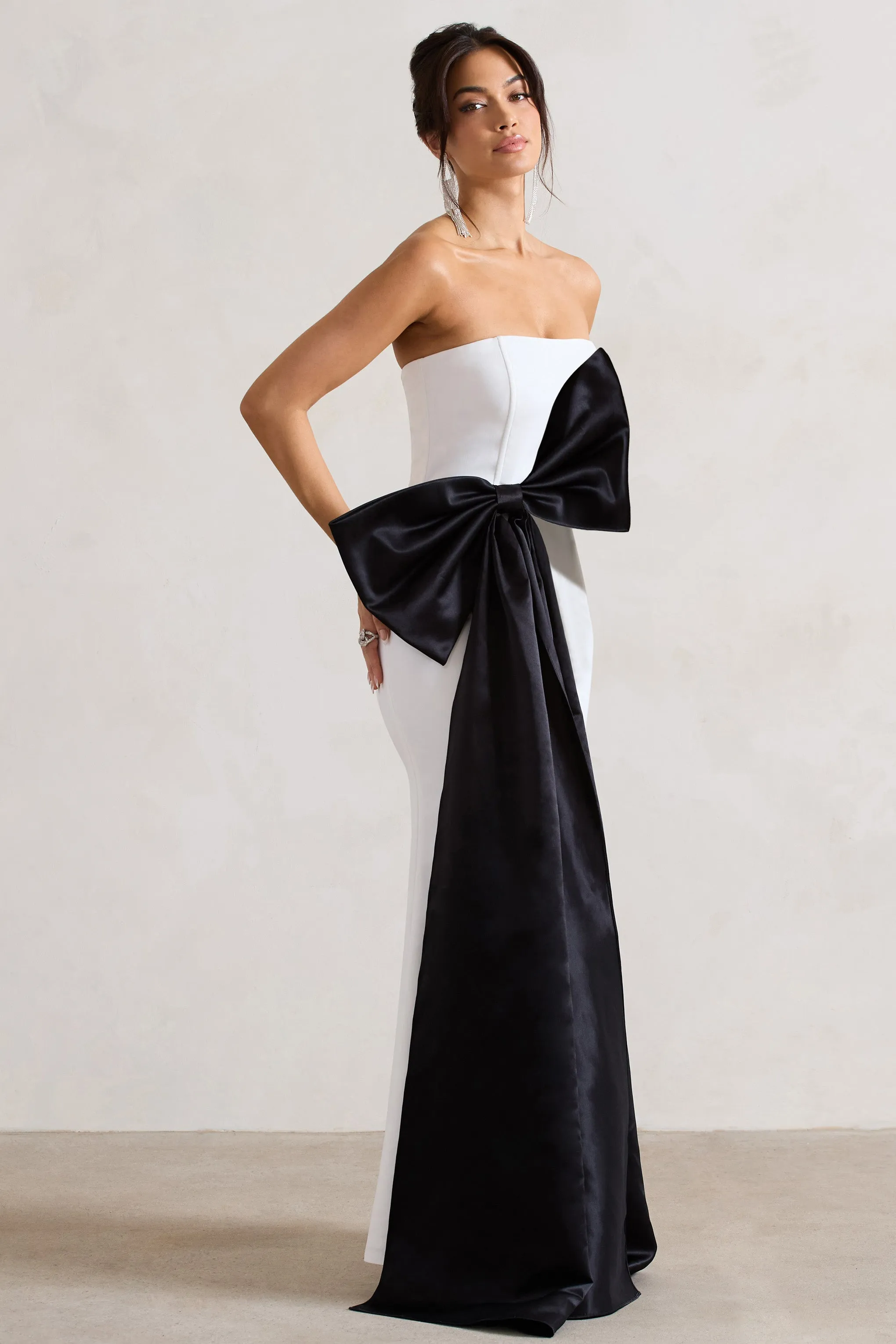 Sincerely | White Bandeau Split Maxi Dress With Oversized Black Bow Club L London