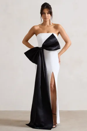 Sincerely | White Bandeau Split Maxi Dress With Oversized Black Bow Club L London