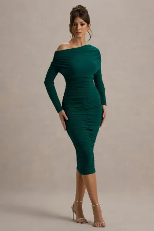 Sinclair | Bottle Green Ruched One-Shoulder Bodycon Midi Dress Club L London