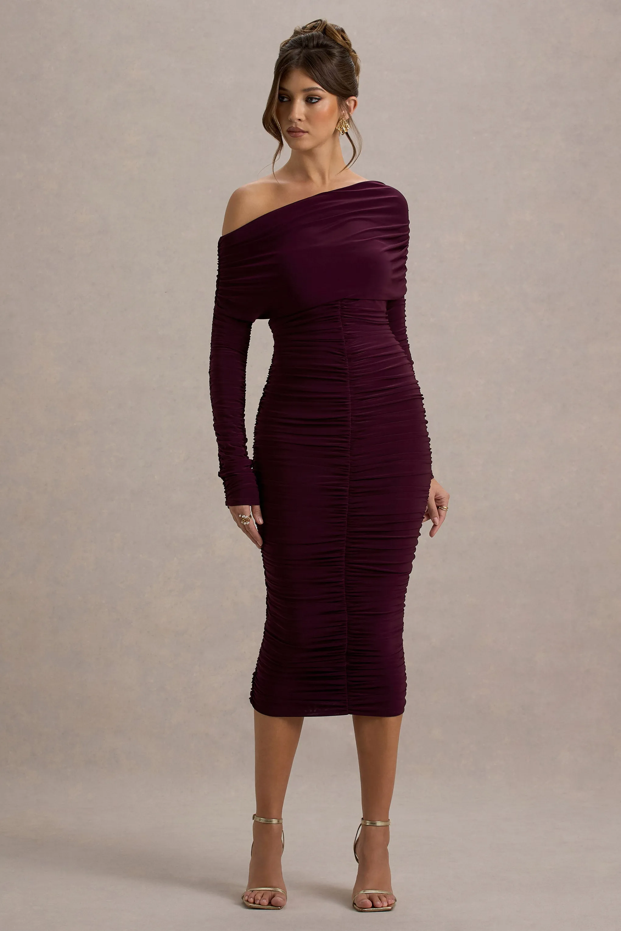 Sinclair | Plum Ruched One-Shoulder Bodycon Midi Dress Club L London