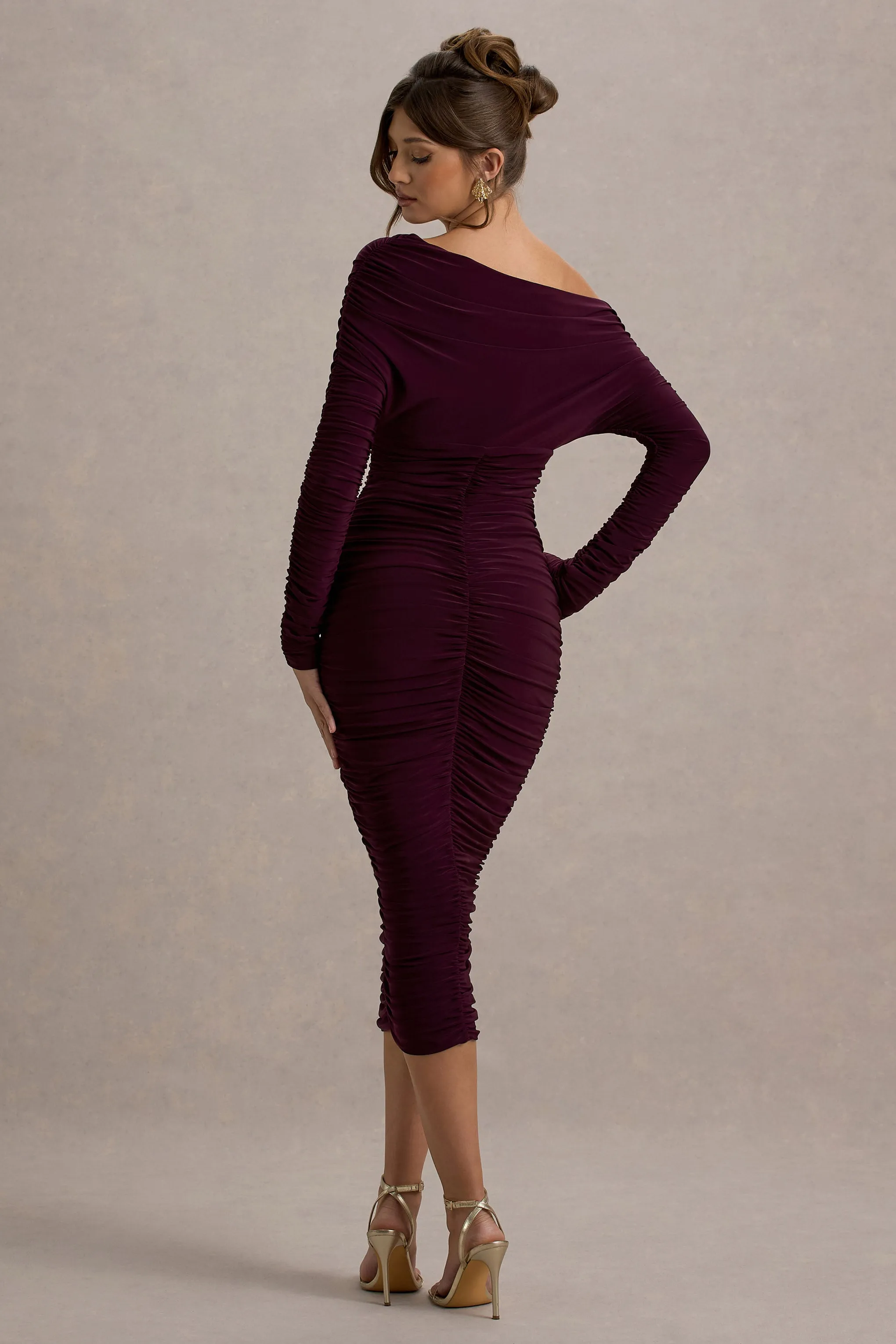 Sinclair | Plum Ruched One-Shoulder Bodycon Midi Dress Club L London