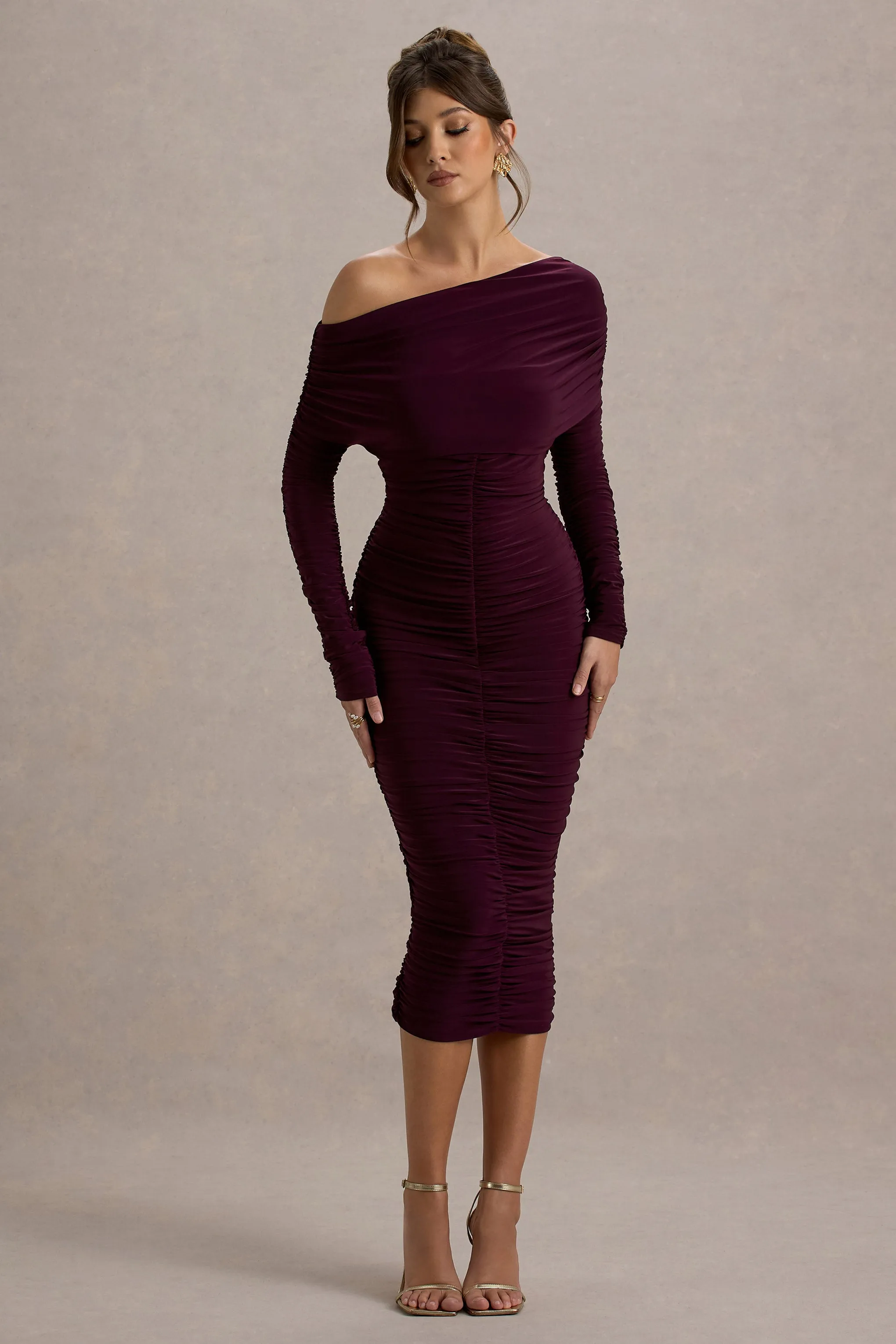 Sinclair | Plum Ruched One-Shoulder Bodycon Midi Dress Club L London