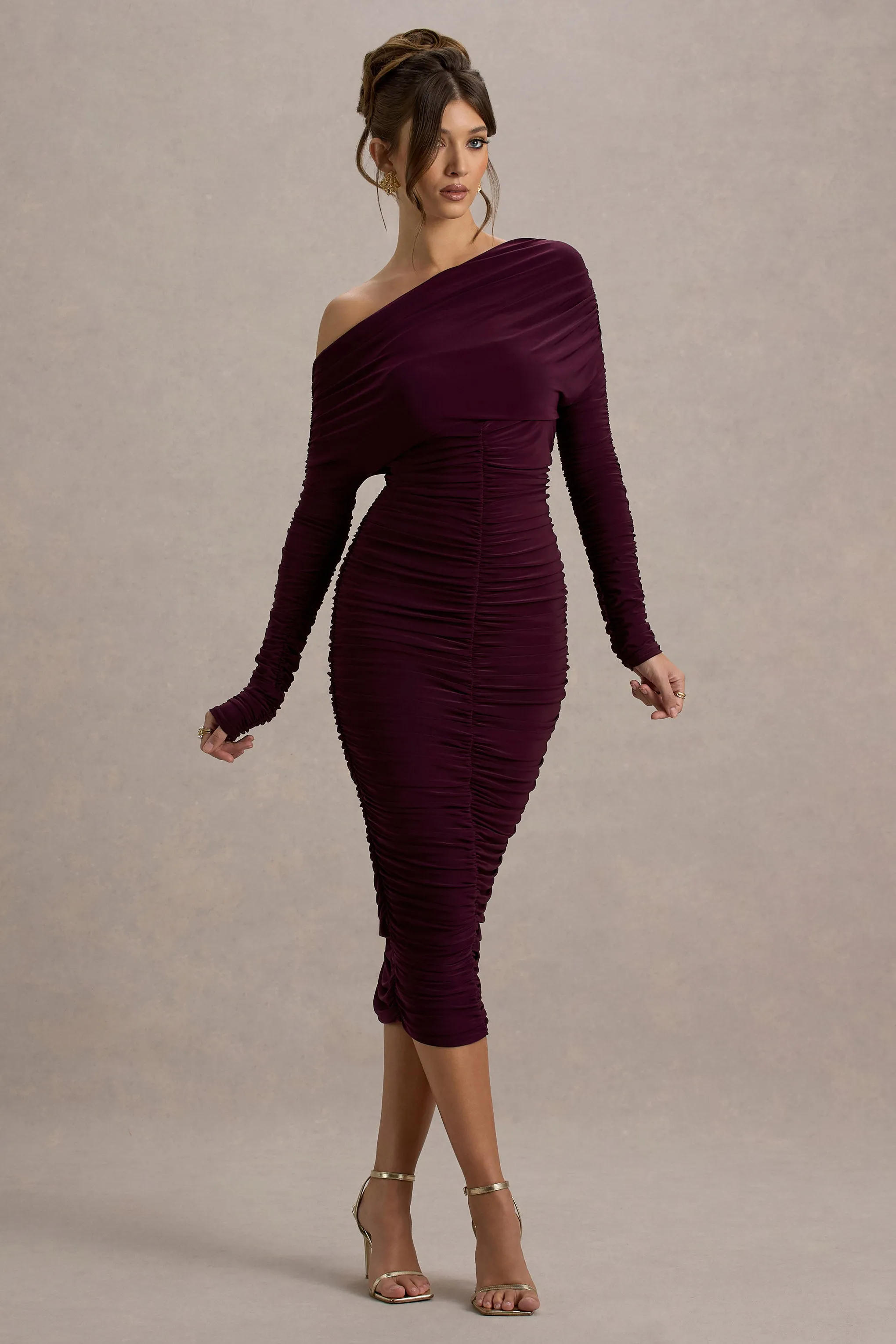 Sinclair | Plum Ruched One-Shoulder Bodycon Midi Dress Club L London