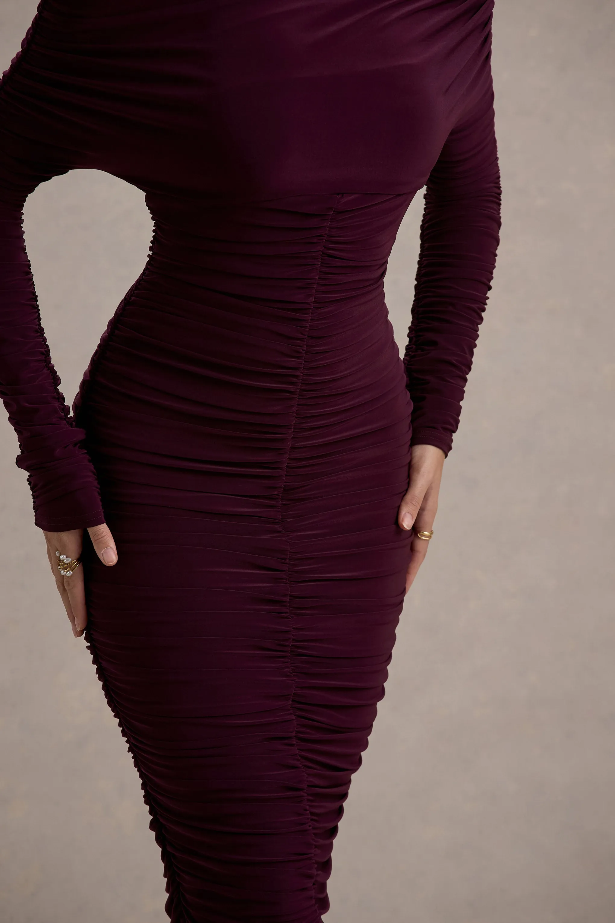 Sinclair | Plum Ruched One-Shoulder Bodycon Midi Dress Club L London