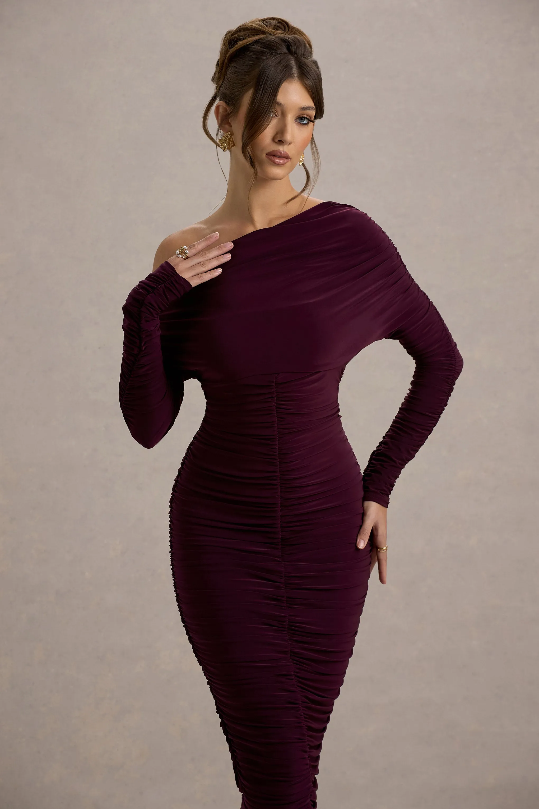 Sinclair | Plum Ruched One-Shoulder Bodycon Midi Dress Club L London
