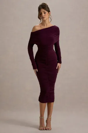 Sinclair | Plum Ruched One-Shoulder Bodycon Midi Dress Club L London