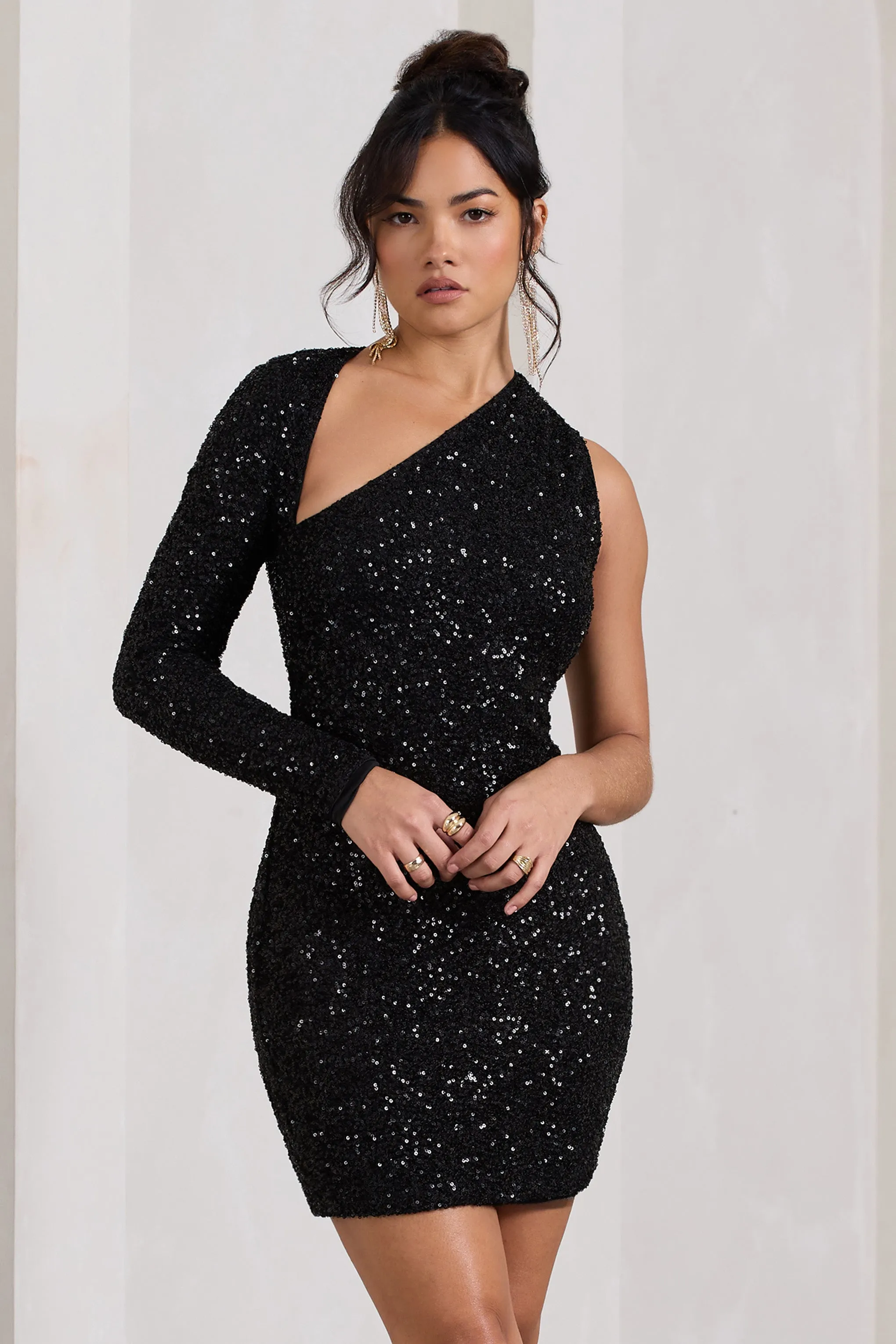 Siren | Black Sequin One Shoulder Bodycon Mini Dress Club L London