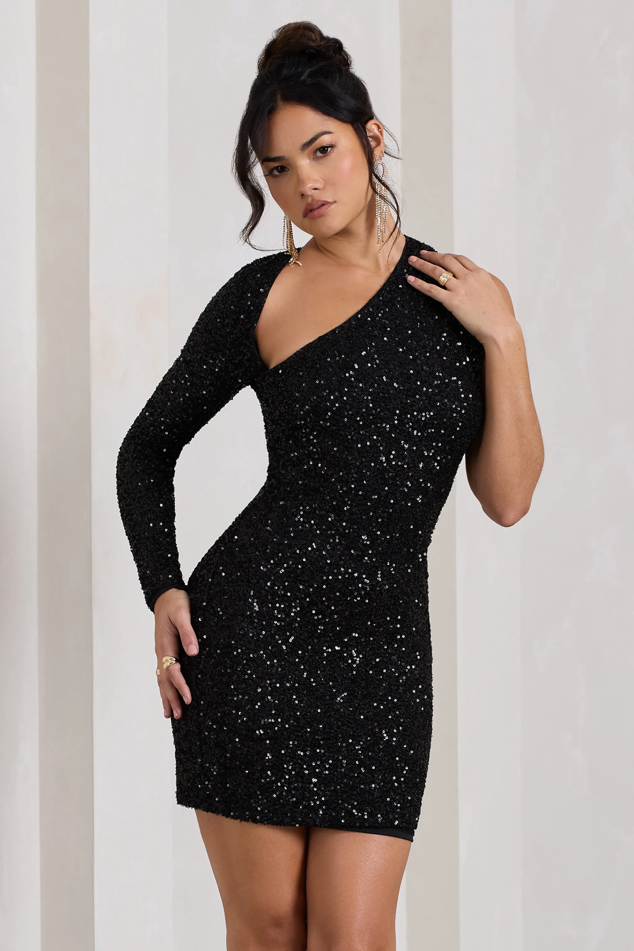 Siren | Black Sequin One Shoulder Bodycon Mini Dress Club L London