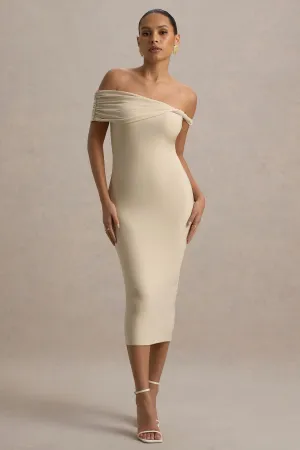 Skye | Sand Twisted Bardot Midi Dress Club L London
