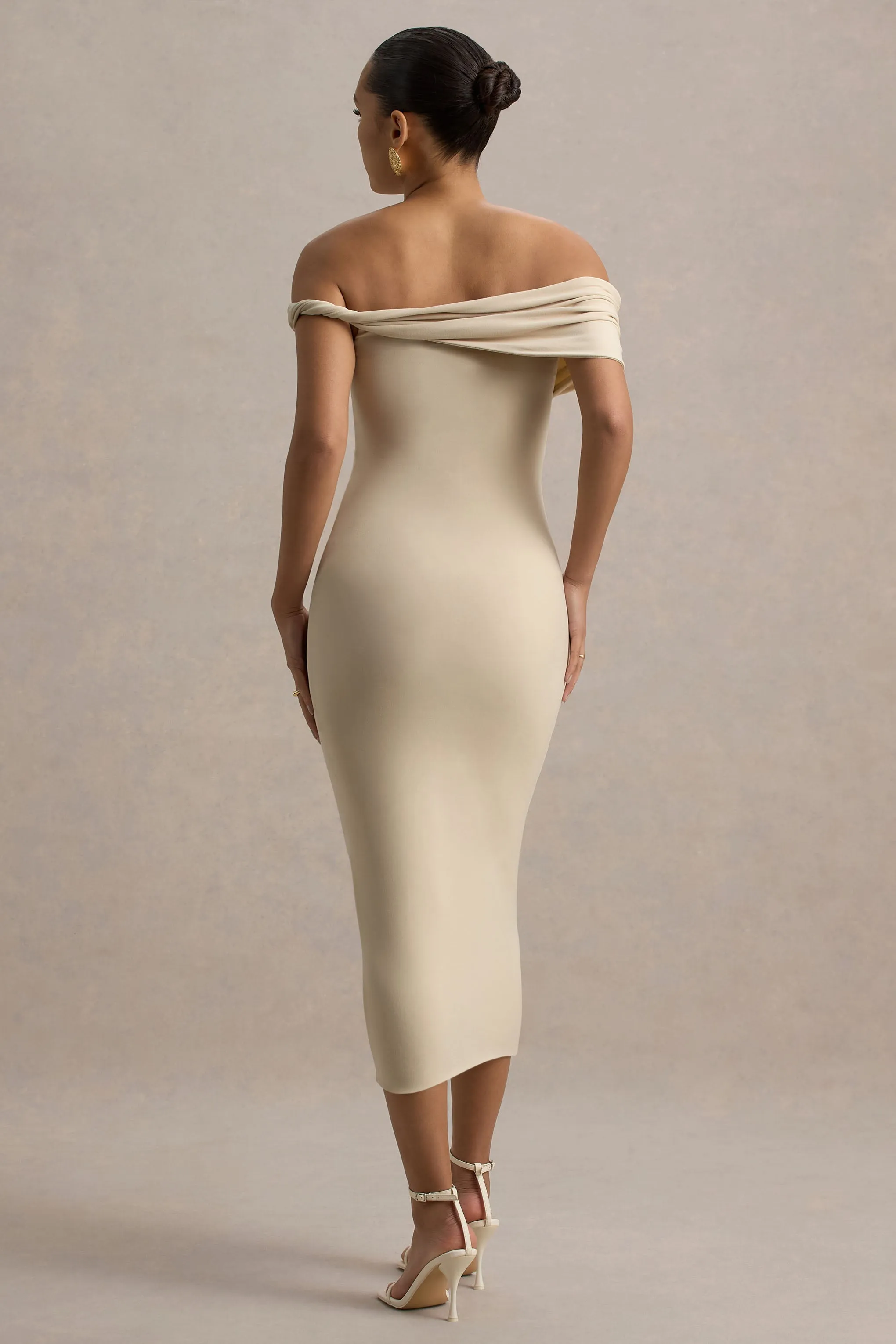Skye | Sand Twisted Bardot Midi Dress Club L London