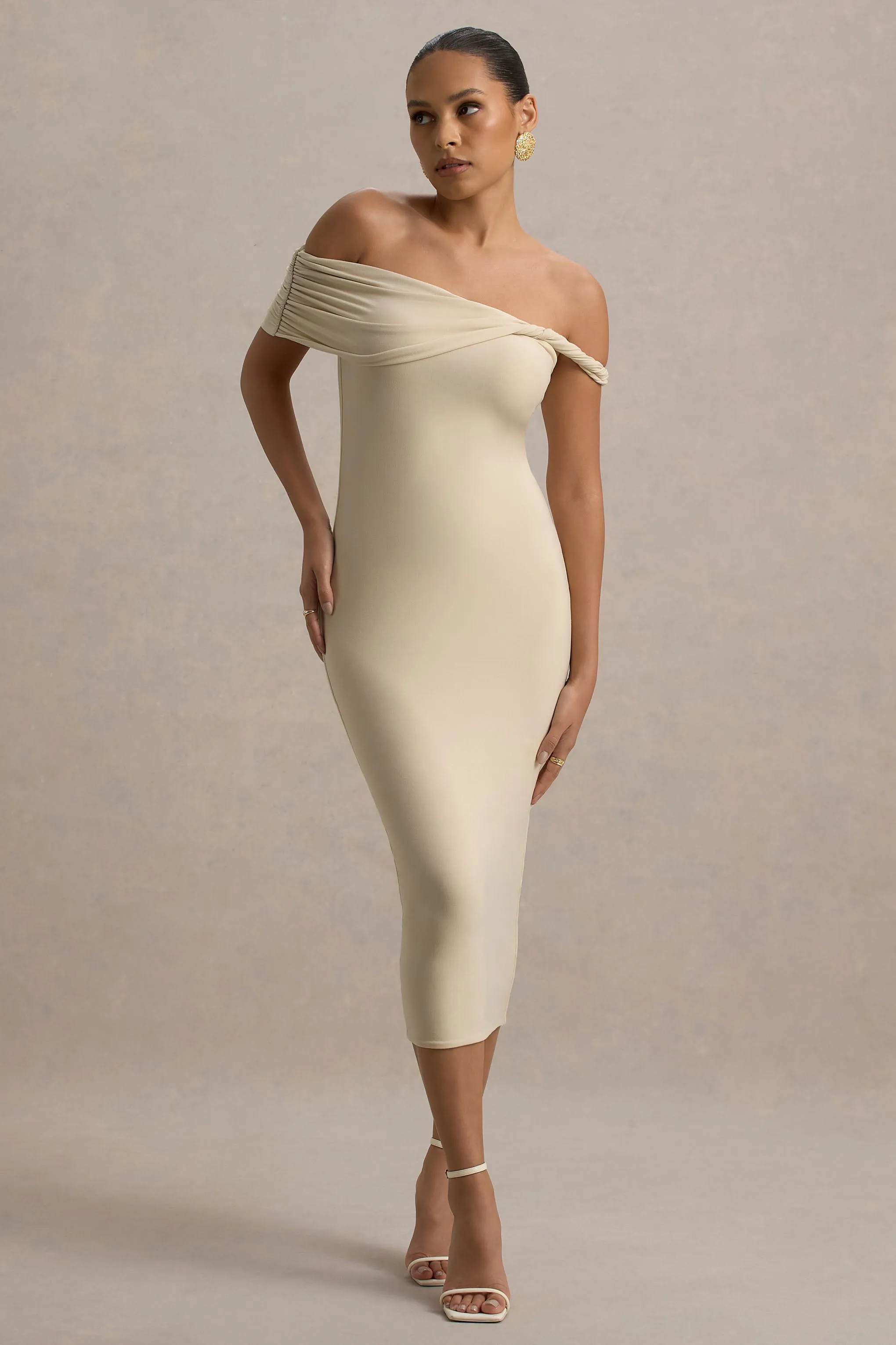 Skye | Sand Twisted Bardot Midi Dress Club L London