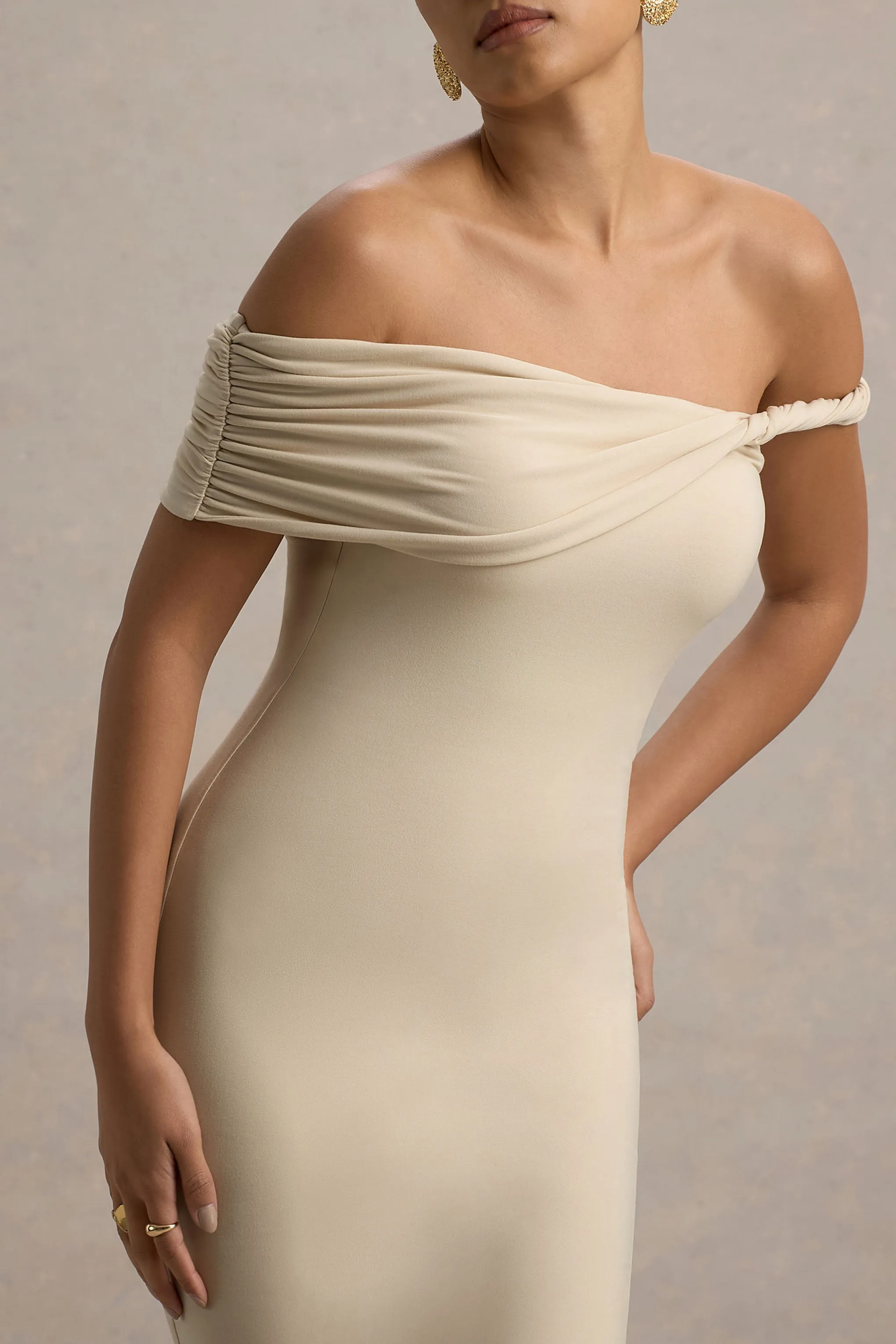 Skye | Sand Twisted Bardot Midi Dress Club L London