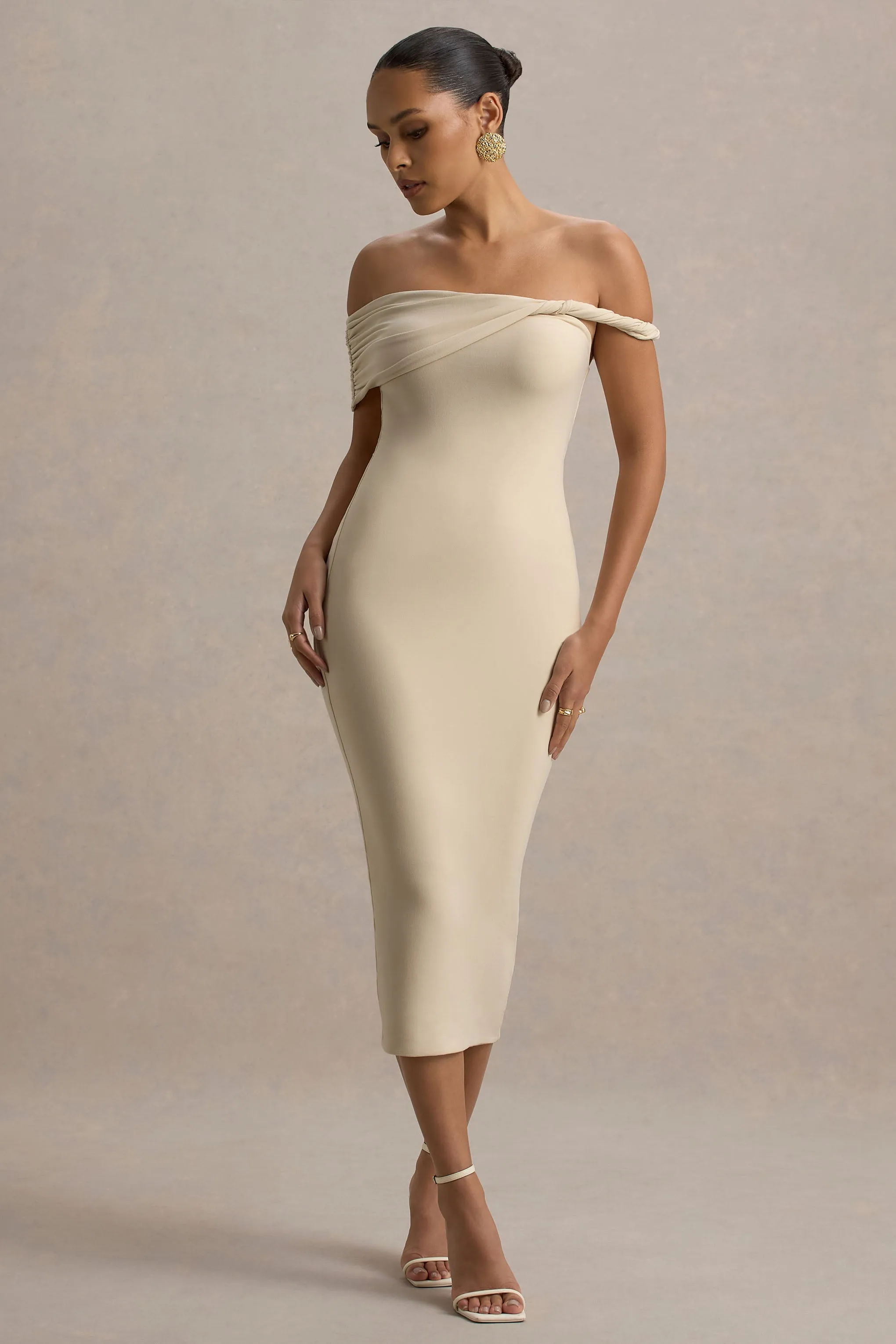Skye | Sand Twisted Bardot Midi Dress Club L London