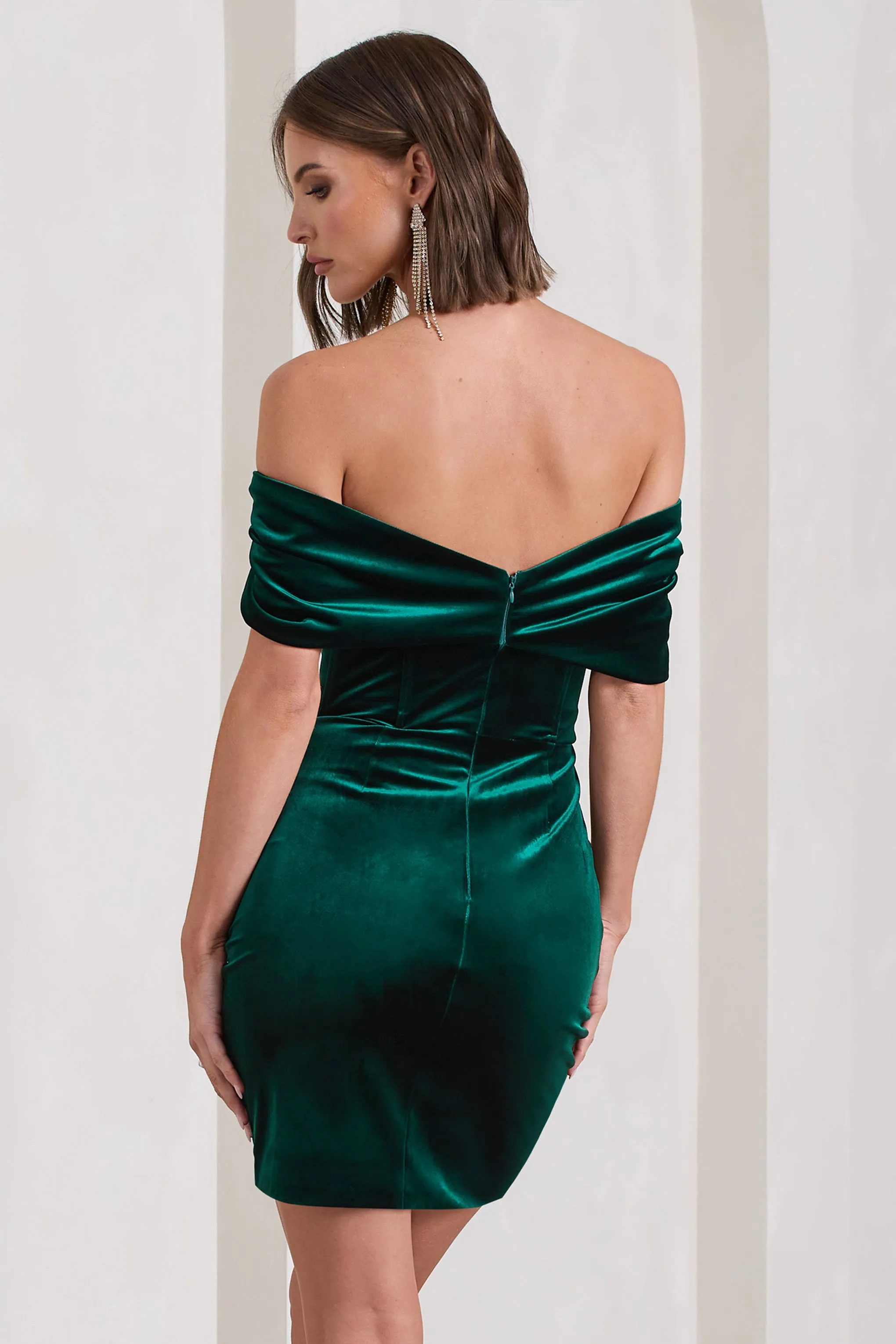 Snowdrop | Bottle Green Velvet Bardot Wrap Mini Dress Club L London