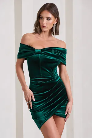 Snowdrop | Bottle Green Velvet Bardot Wrap Mini Dress Club L London