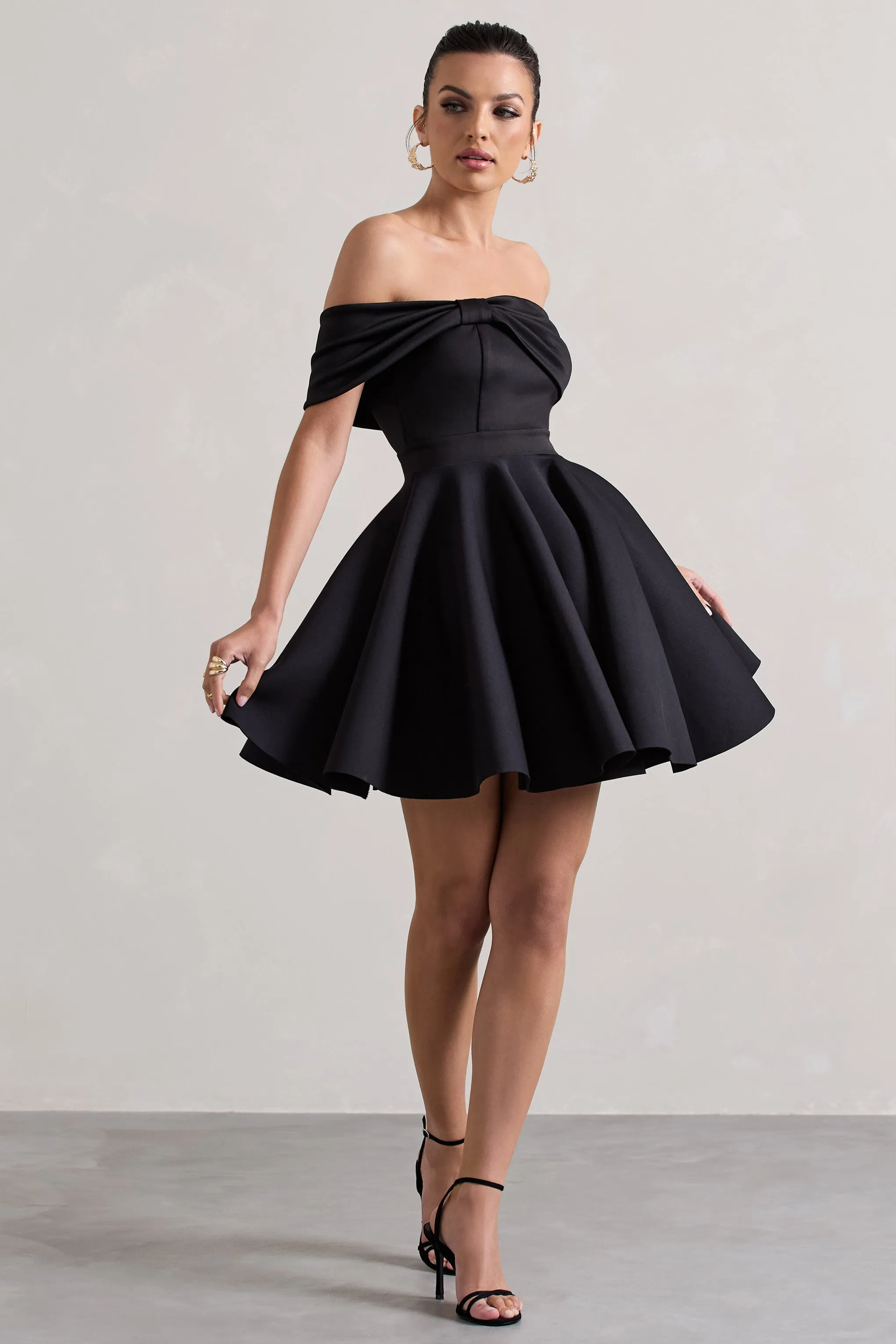 Snowfall | Black Bardot Bow Skater Mini Dress Club L London