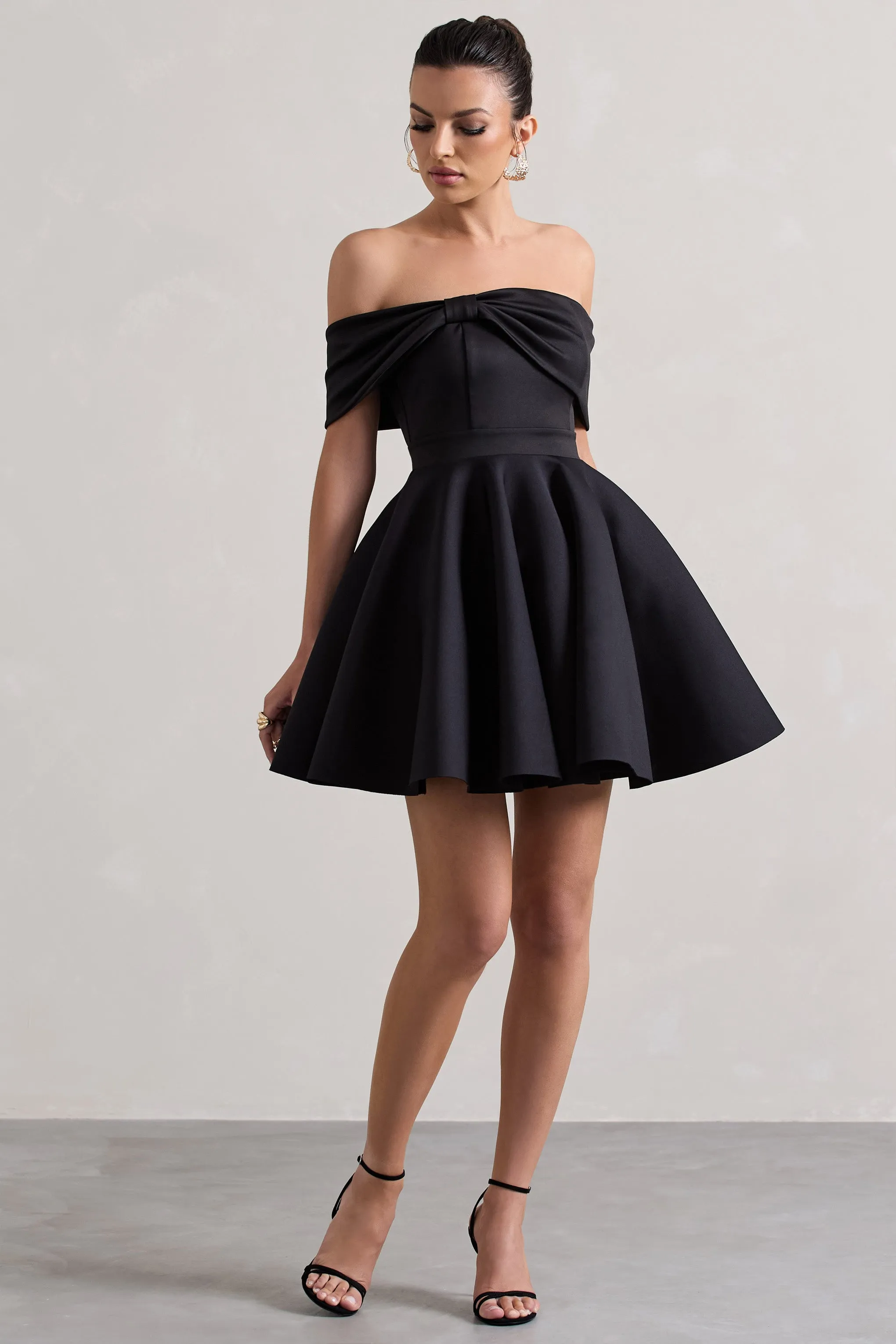 Snowfall | Black Bardot Bow Skater Mini Dress Club L London