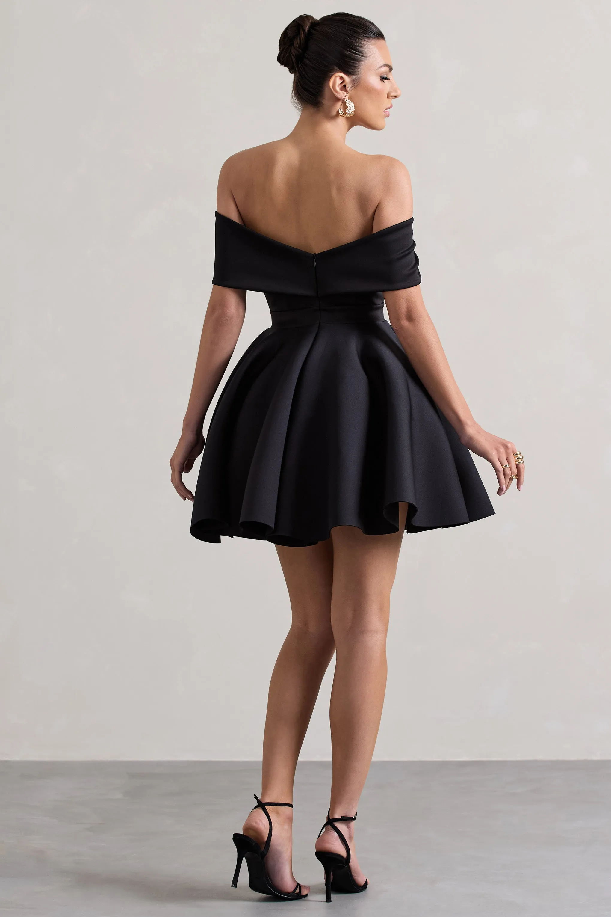 Snowfall | Black Bardot Bow Skater Mini Dress Club L London