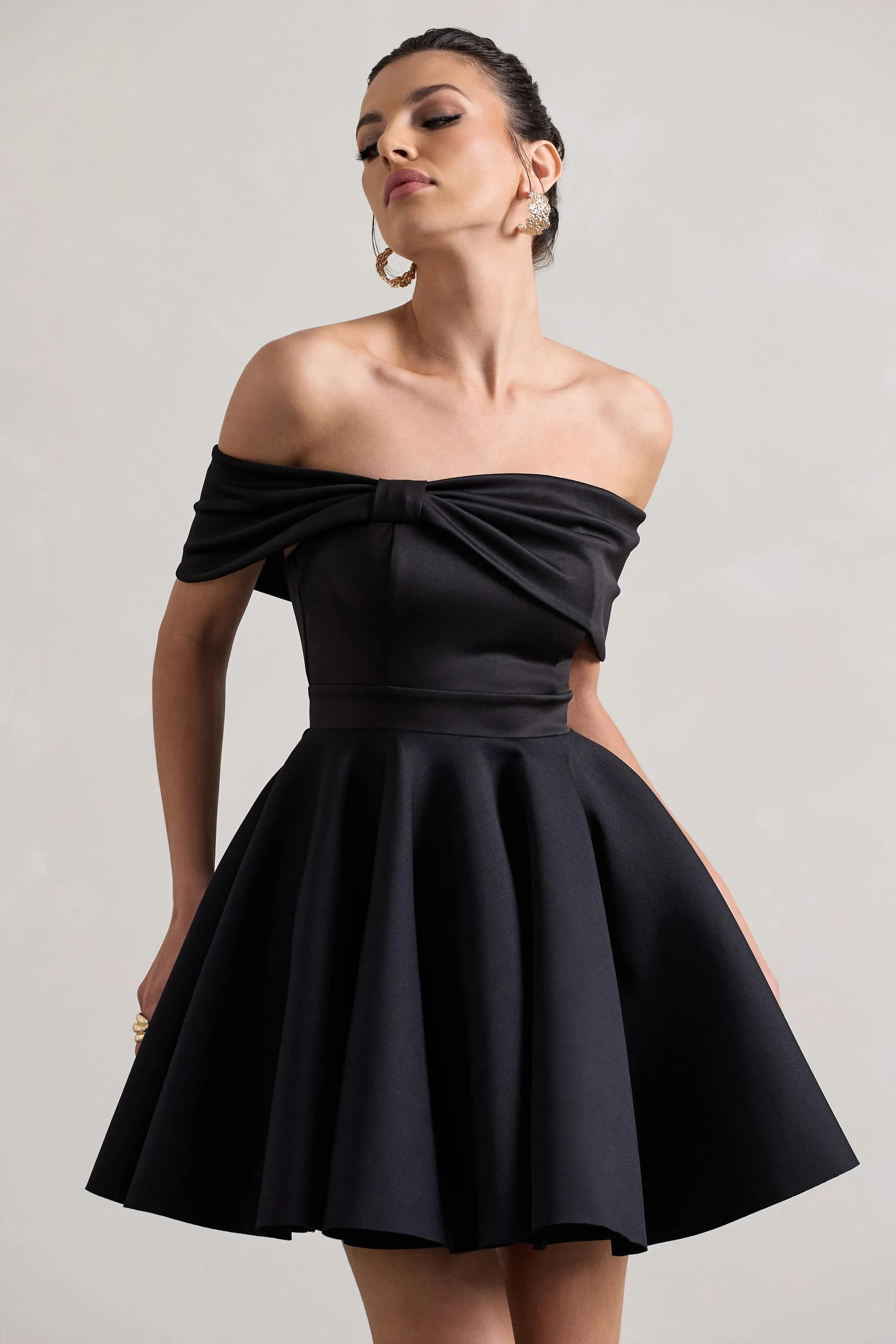 Snowfall | Black Bardot Bow Skater Mini Dress Club L London