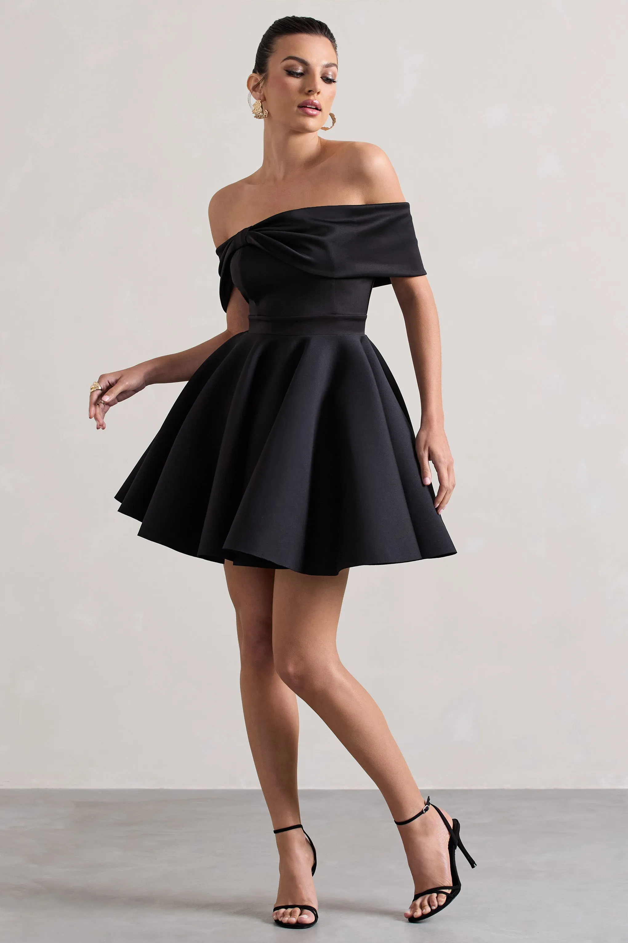 Snowfall | Black Bardot Bow Skater Mini Dress Club L London