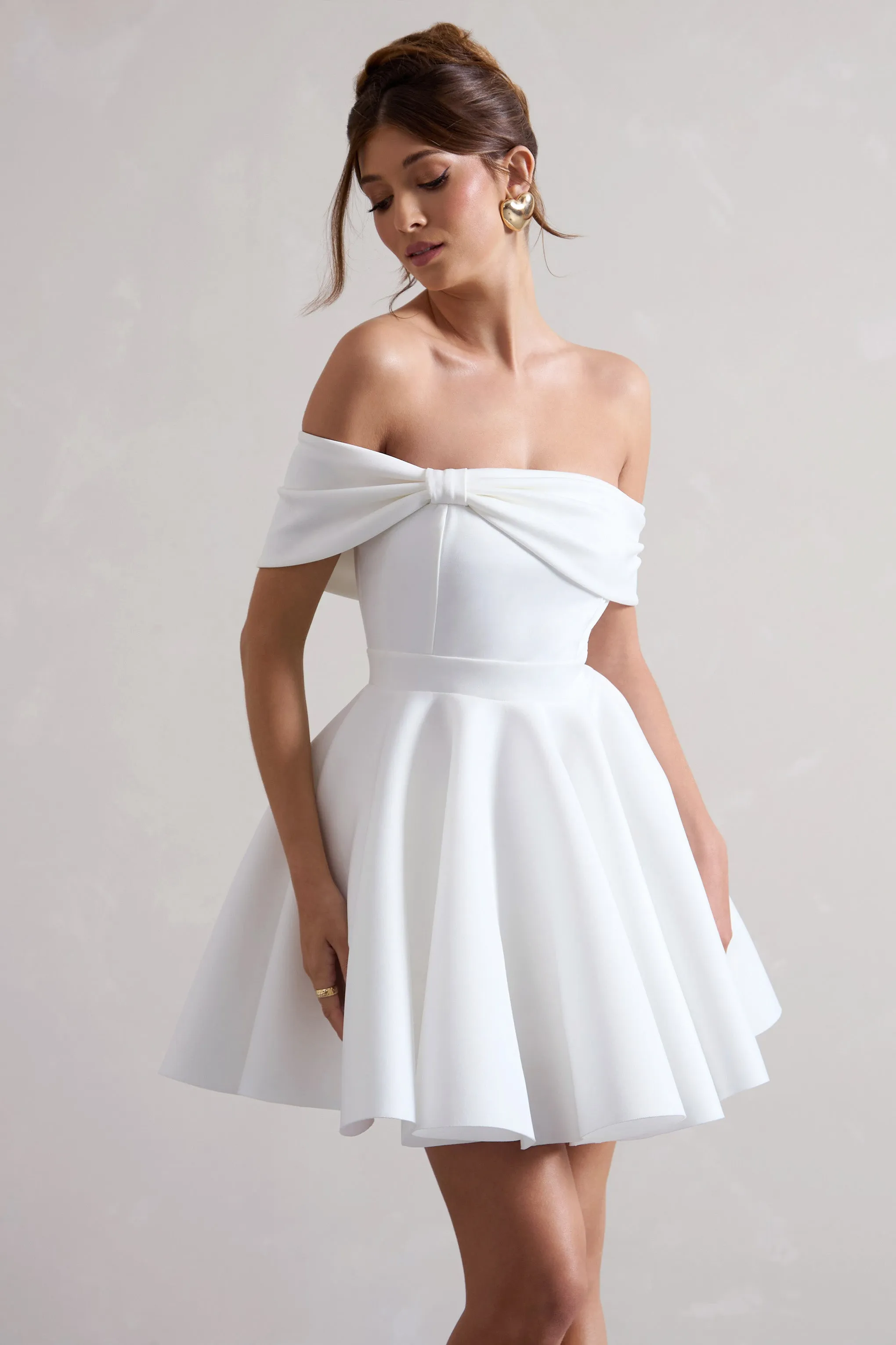 Snowfall | White Bardot Bow Skater Mini Dress Club L London