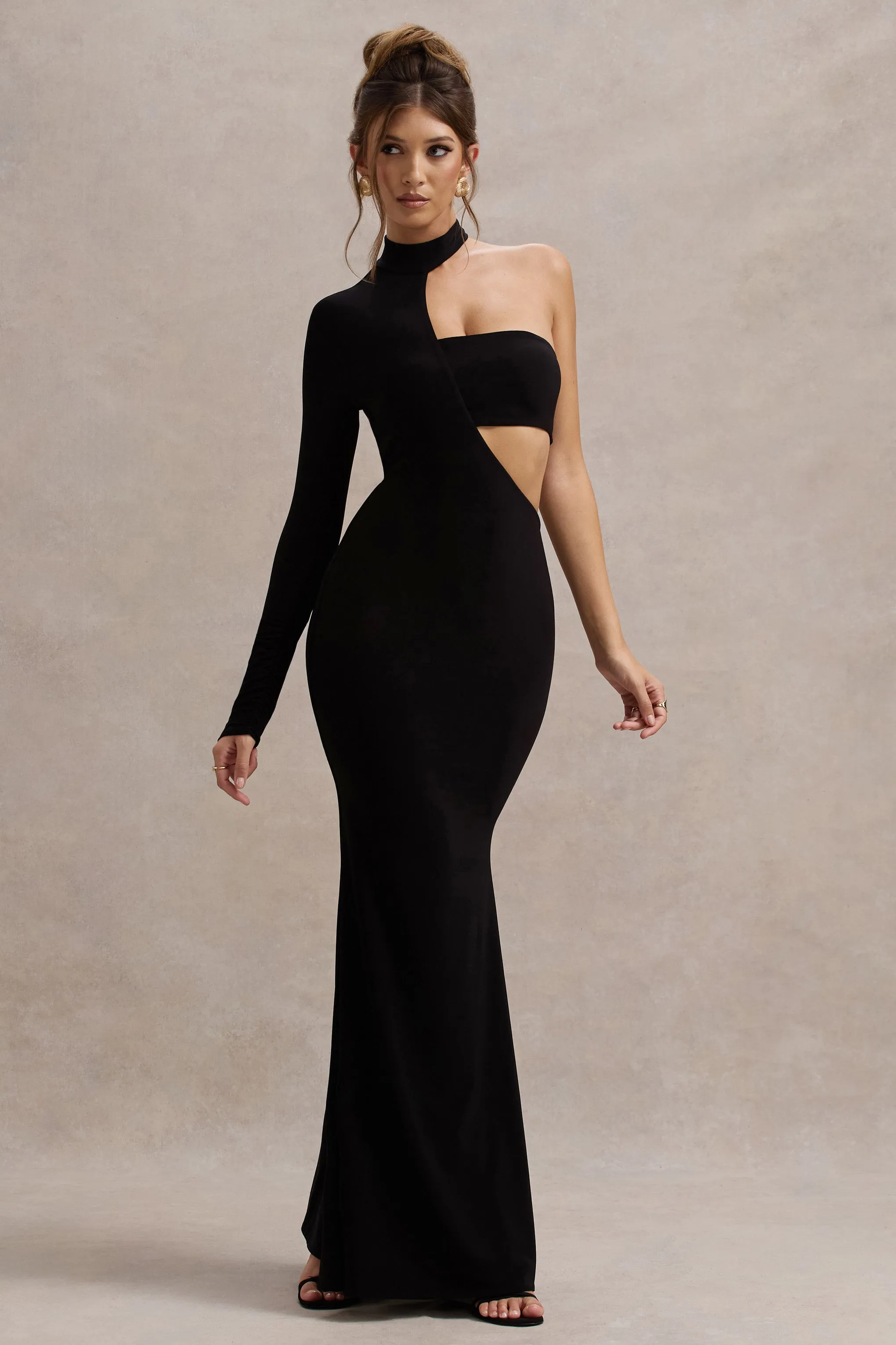 Socialite | Black One-Sleeve Cut-Out Maxi Dress Club L London