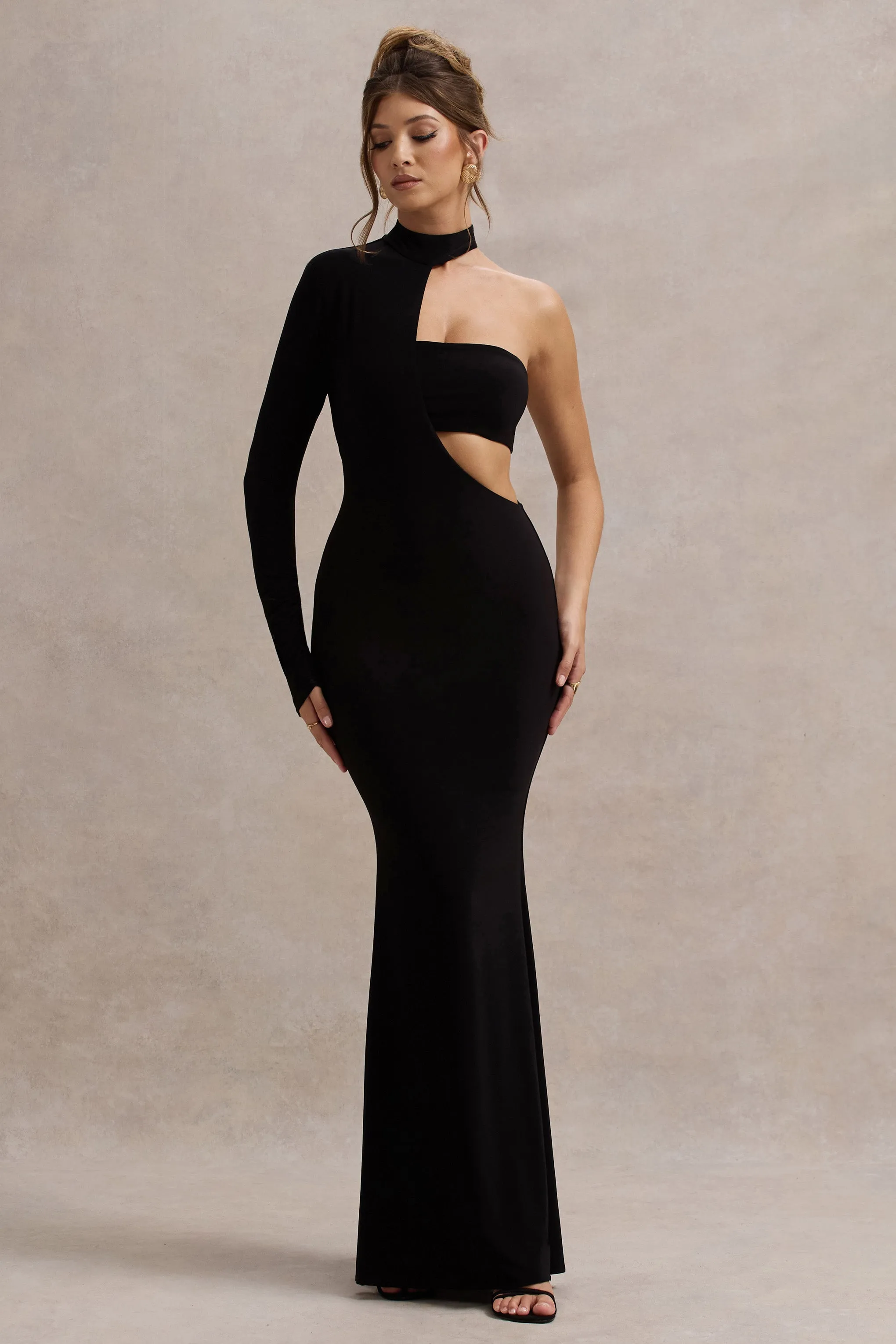 Socialite | Black One-Sleeve Cut-Out Maxi Dress Club L London