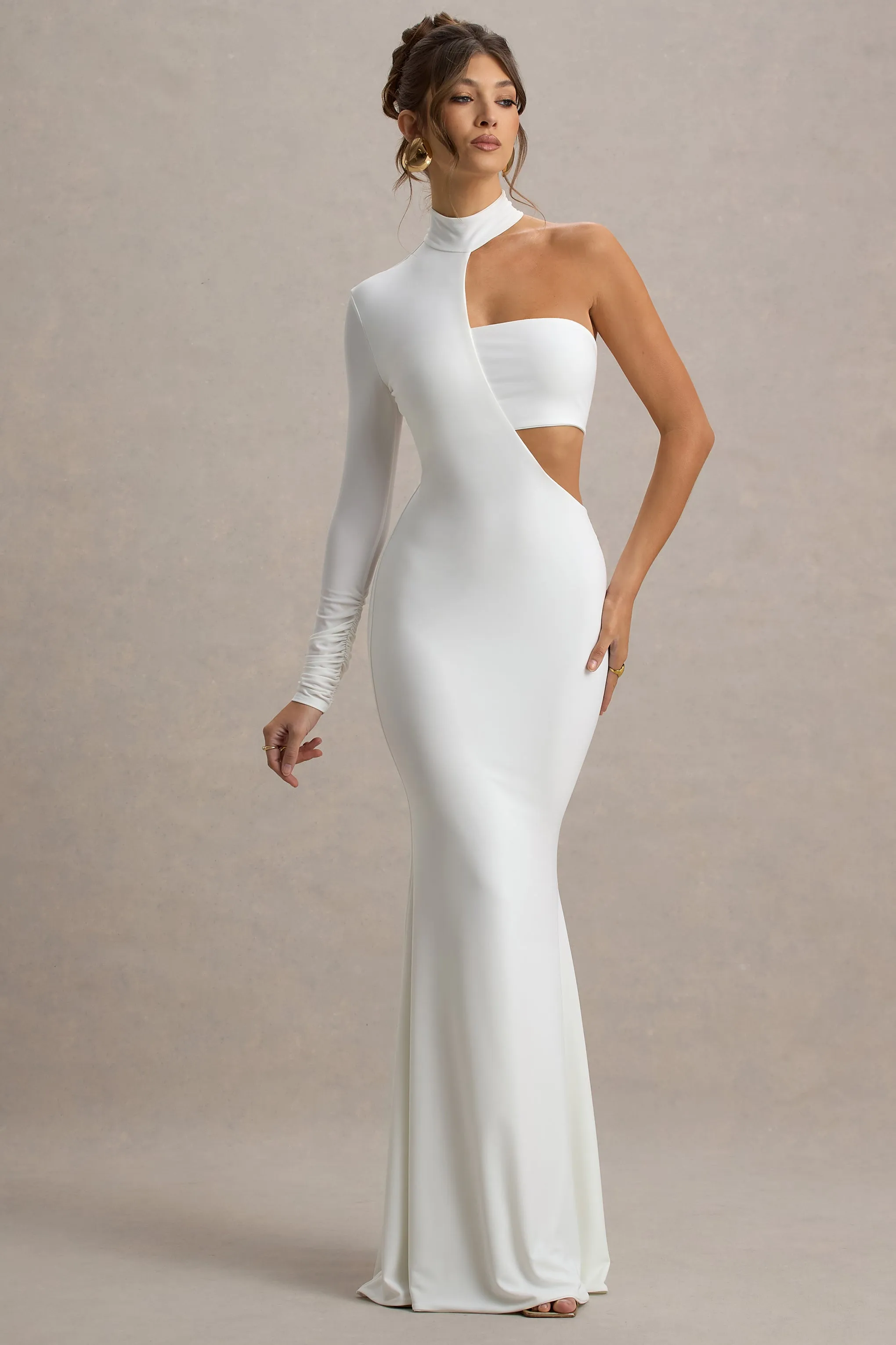 Socialite | White One-Sleeve Cut-Out Maxi Dress Club L London