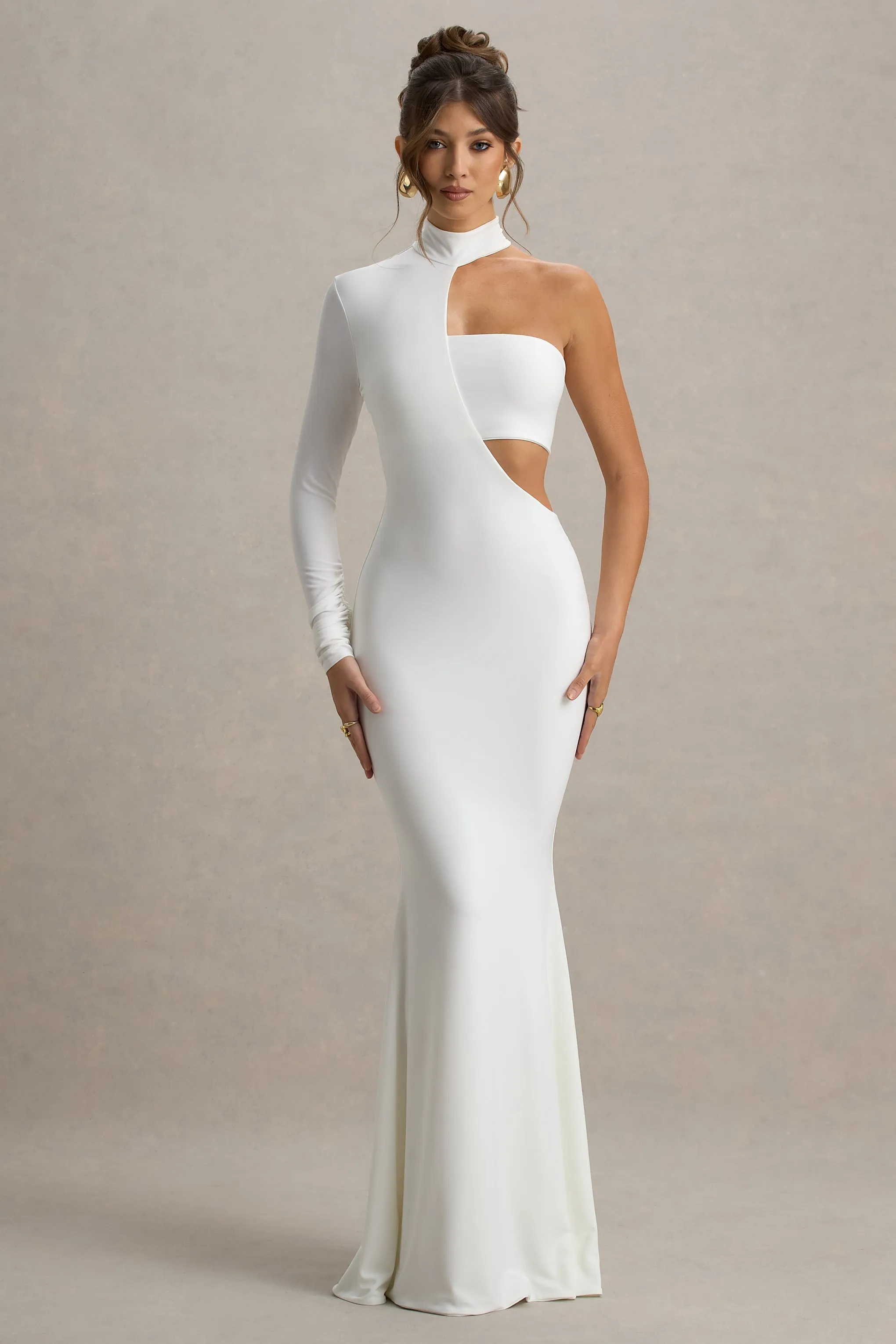 Socialite | White One-Sleeve Cut-Out Maxi Dress Club L London