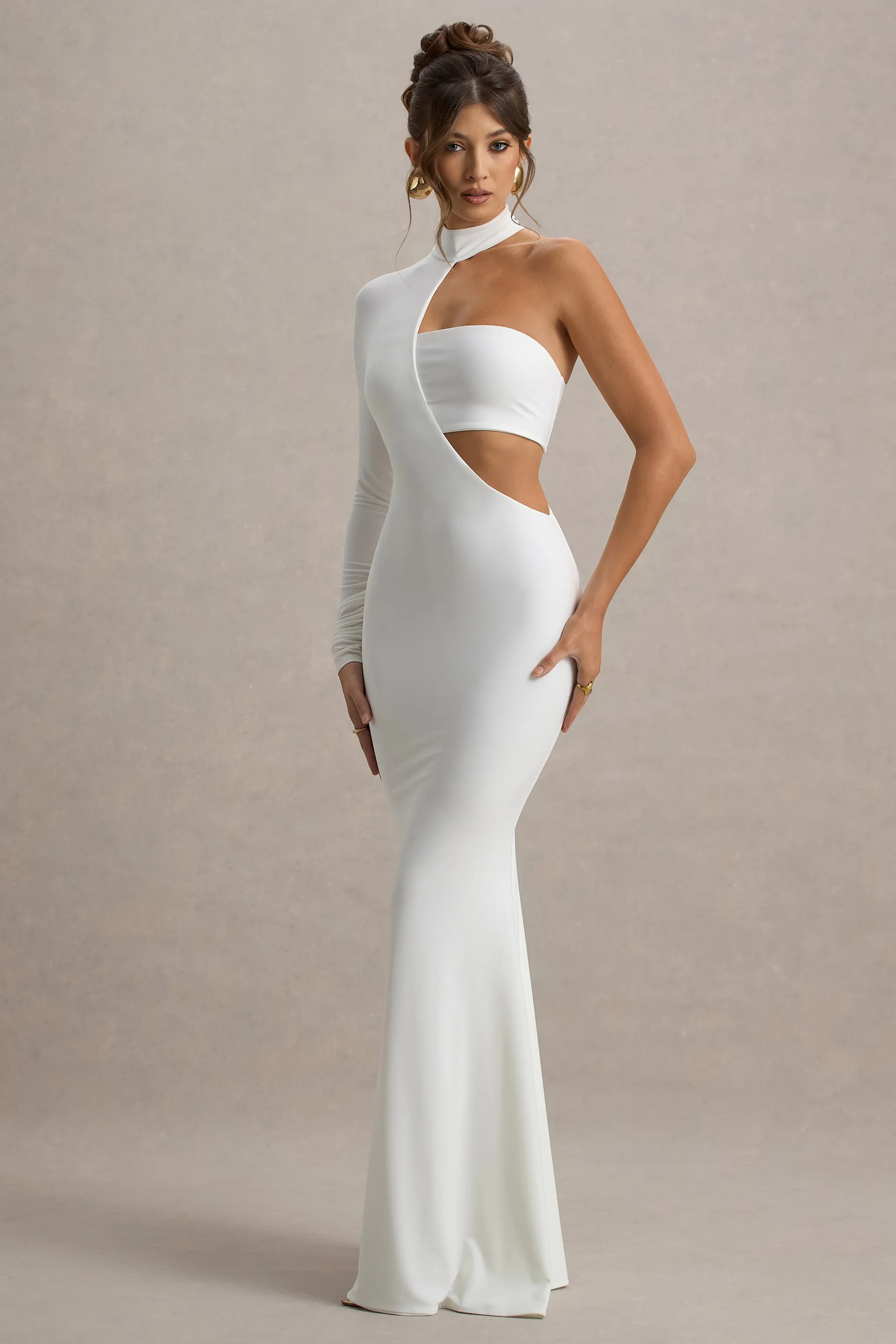Socialite | White One-Sleeve Cut-Out Maxi Dress Club L London