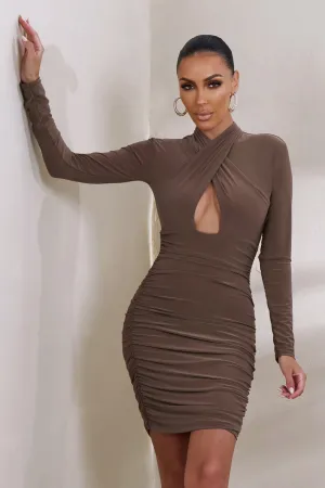 Sofia | Brown Cut Out Ruched Mini Dress With Open Back Detail Club L London