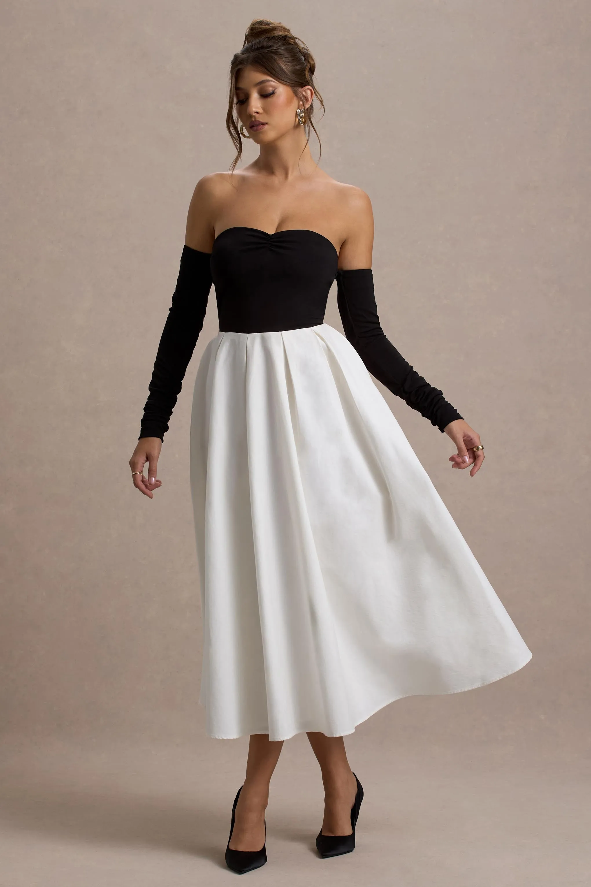 Solada | Black & Cream Bardot Pleated Midi Dress Club L London
