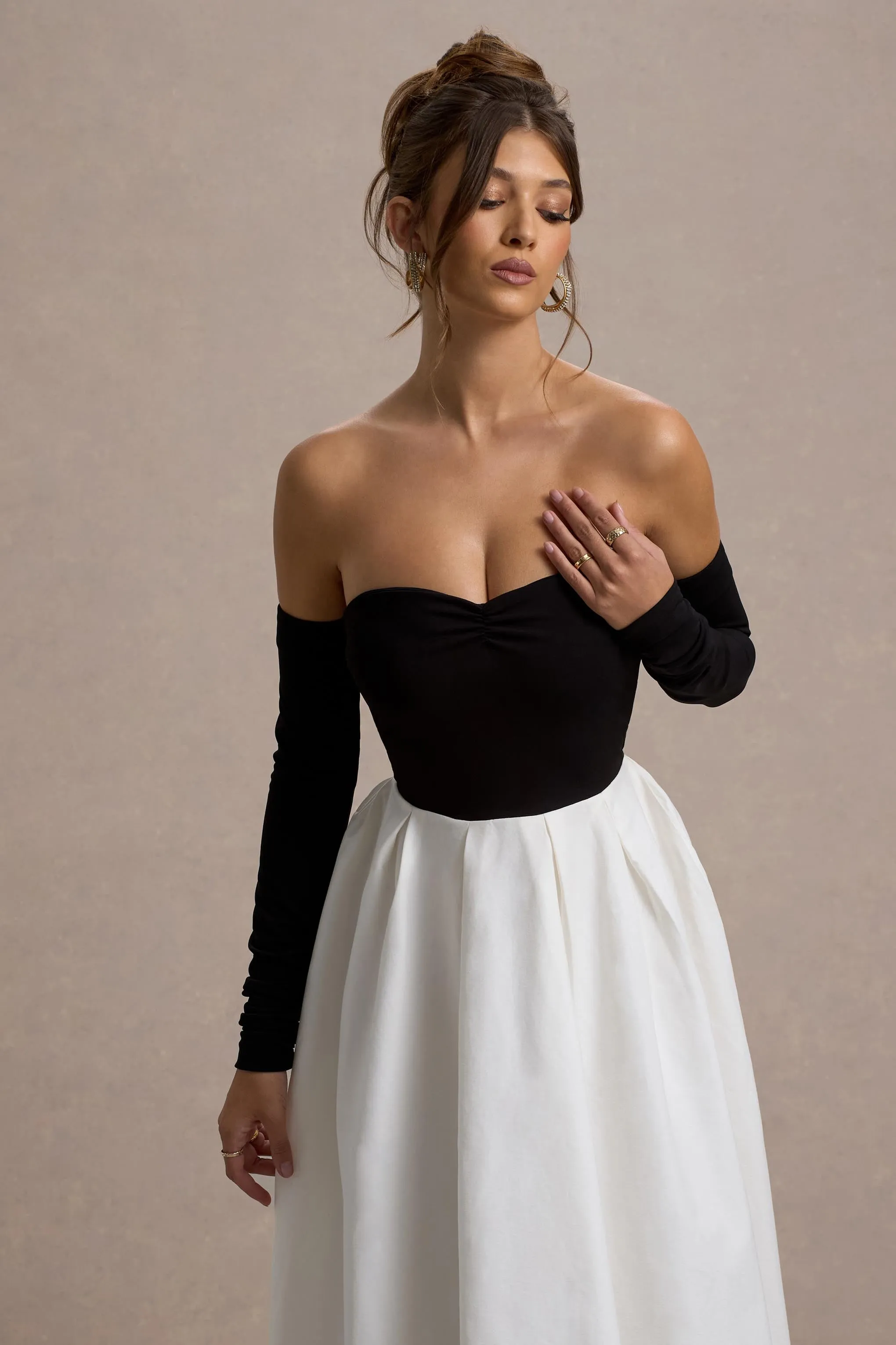 Solada | Black & Cream Bardot Pleated Midi Dress Club L London