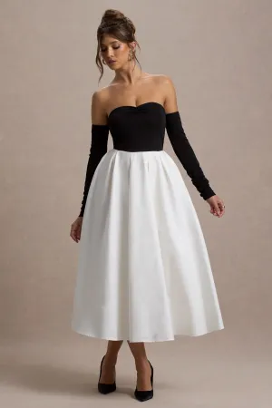Solada | Black & Cream Bardot Pleated Midi Dress Club L London