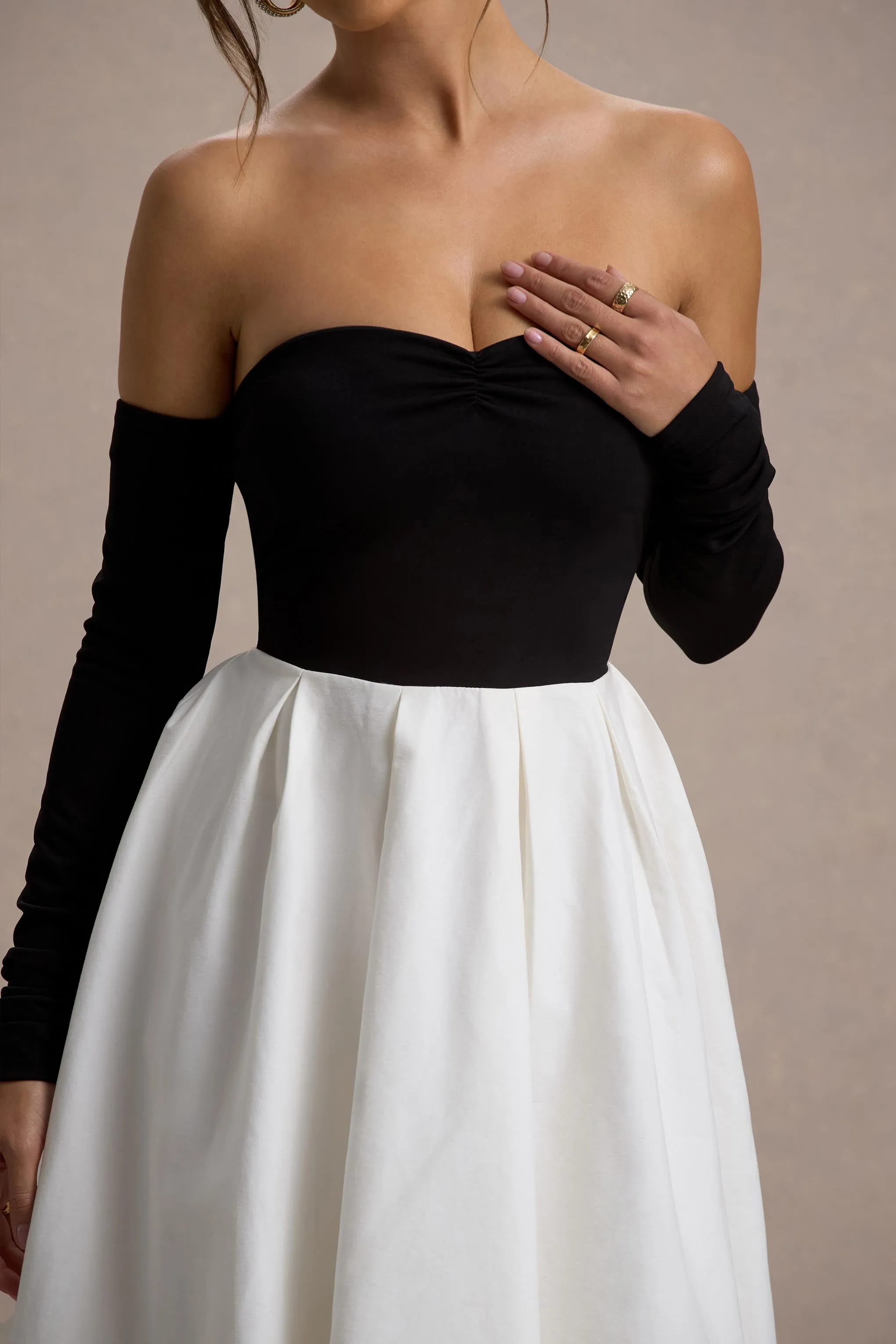 Solada | Black & Cream Bardot Pleated Midi Dress Club L London