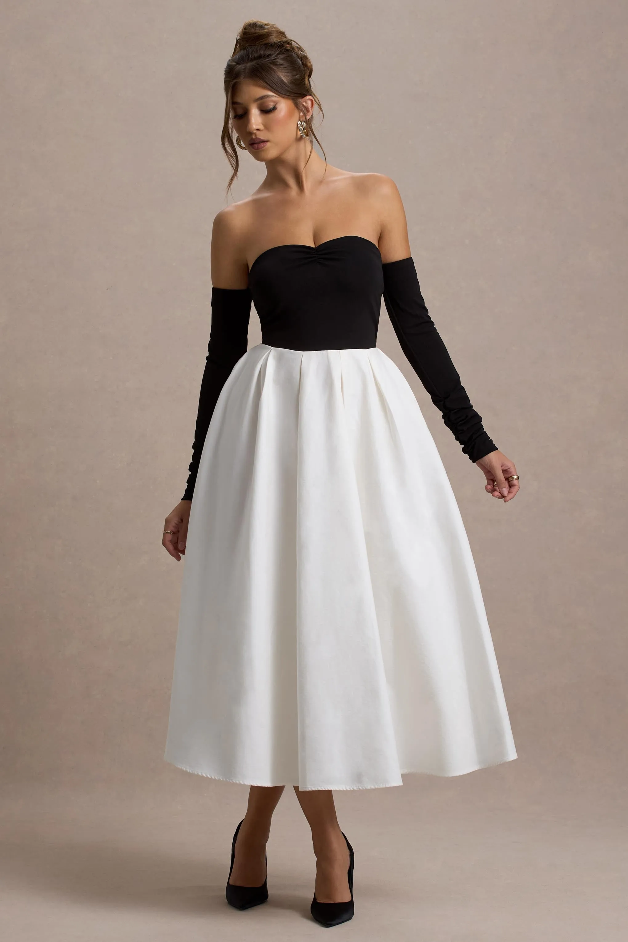 Solada | Black & Cream Bardot Pleated Midi Dress Club L London