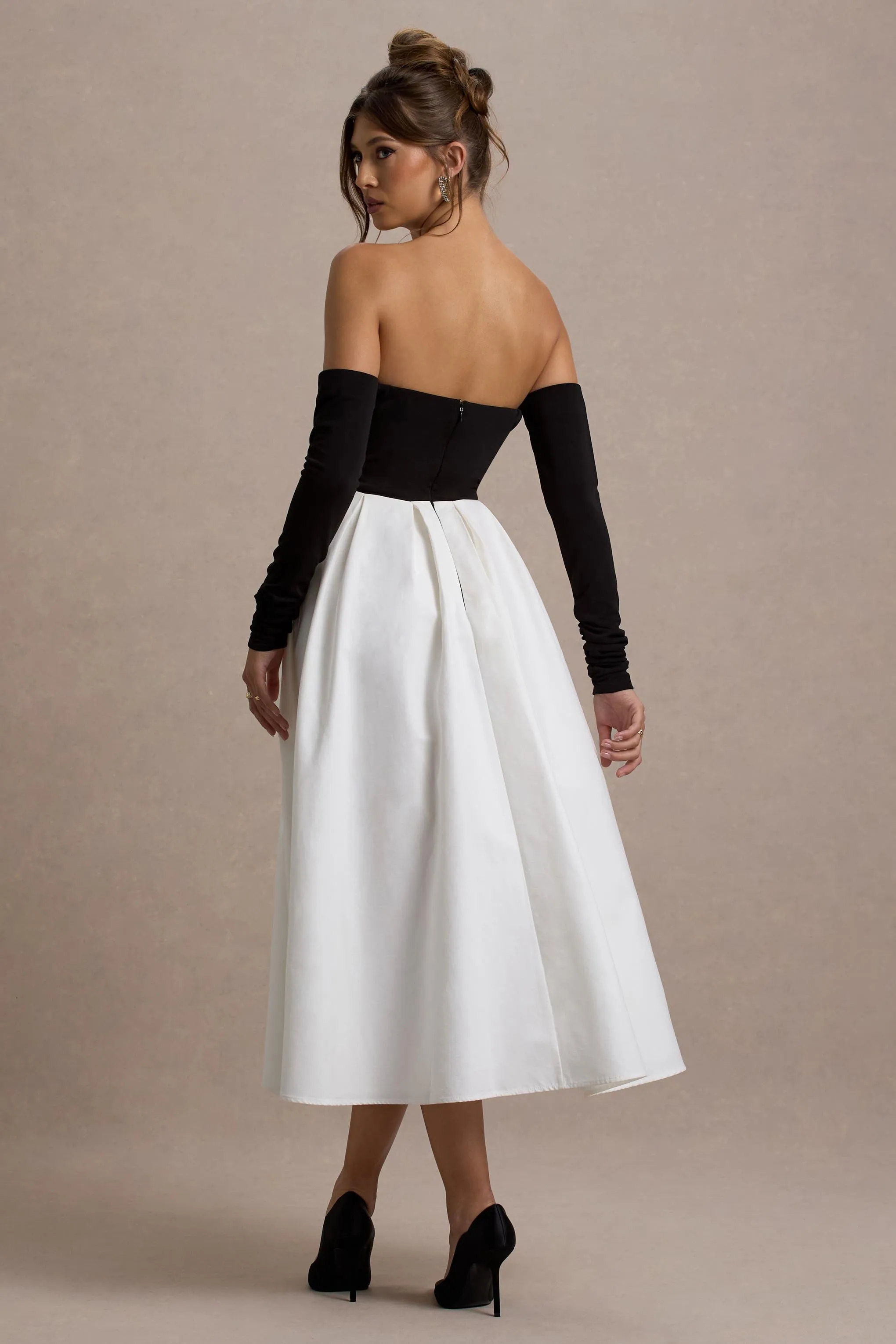 Solada | Black & Cream Bardot Pleated Midi Dress Club L London