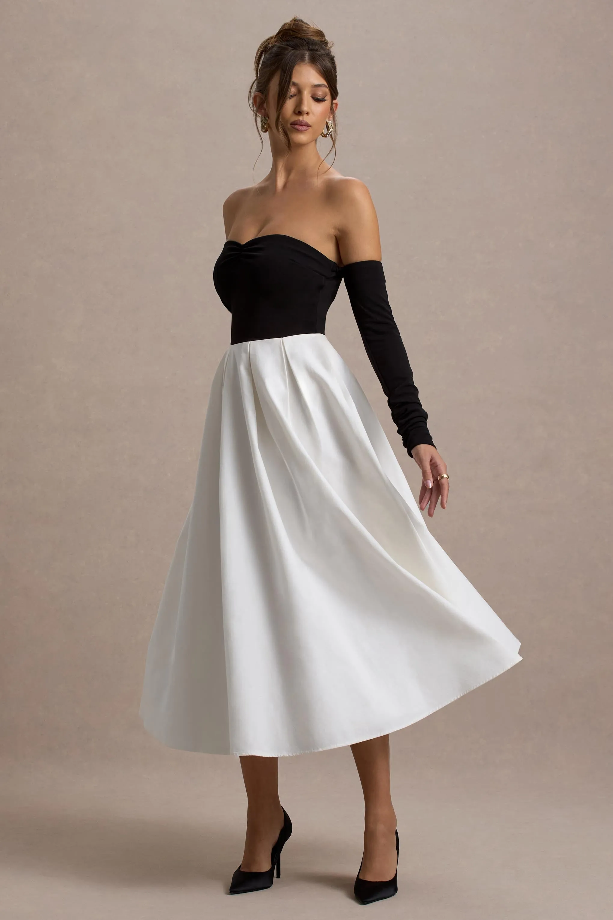Solada | Black & Cream Bardot Pleated Midi Dress Club L London
