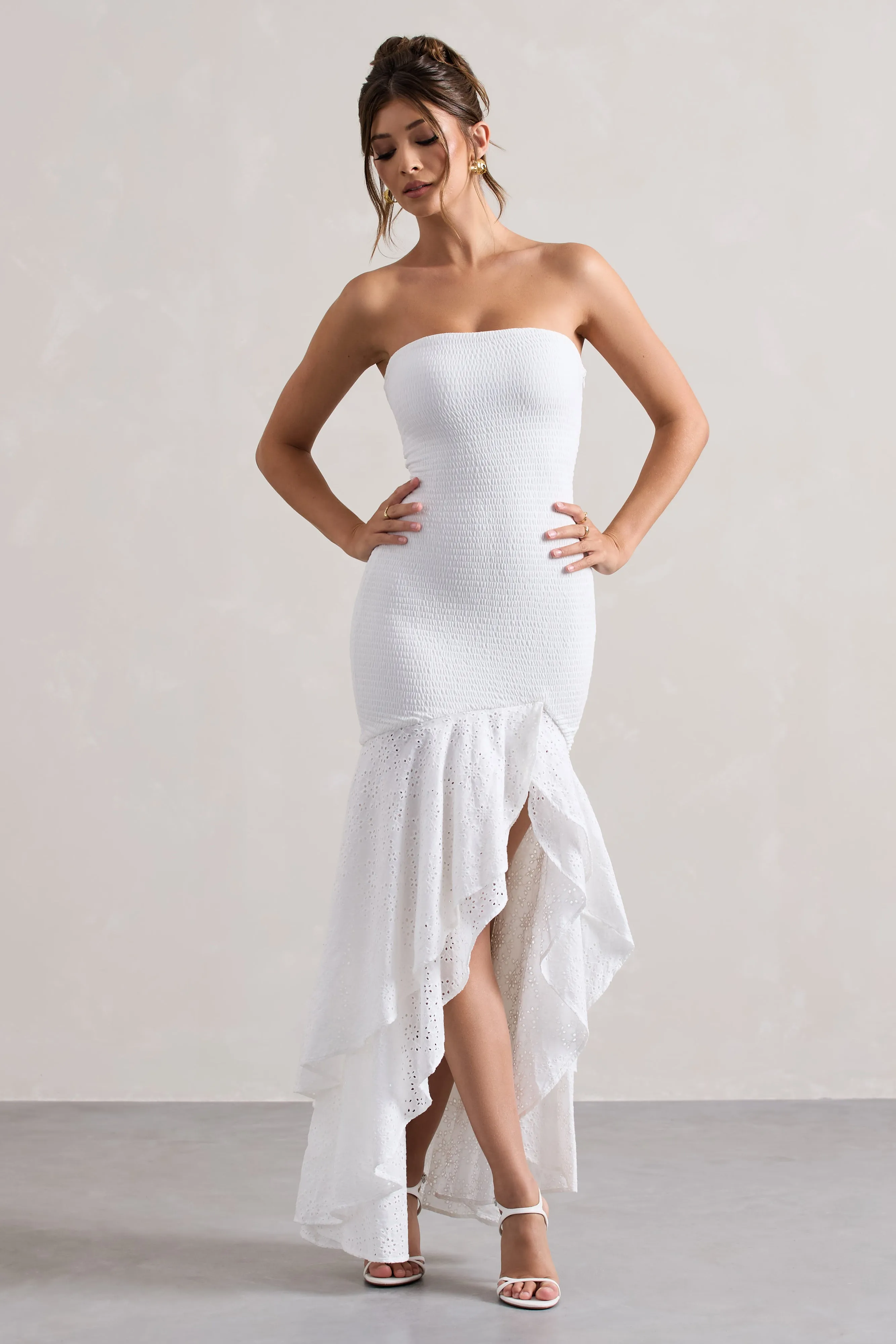 Solange | White Broderie Bandeau High-Low Maxi Dress Club L London