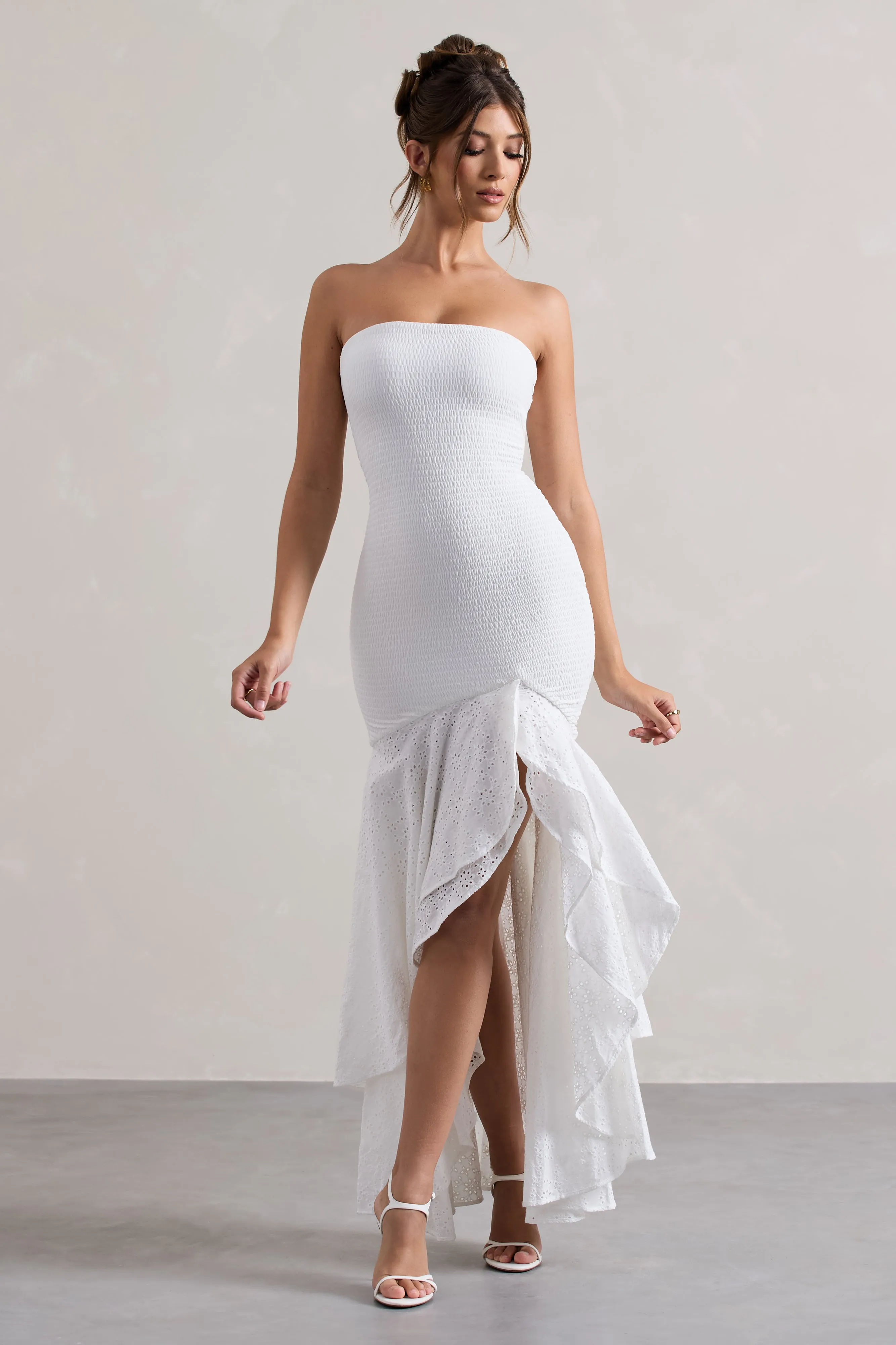 Solange | White Broderie Bandeau High-Low Maxi Dress Club L London